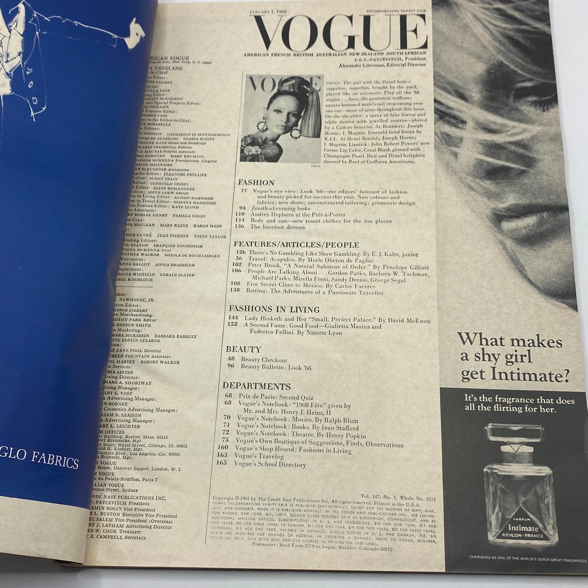 VTG Vogue Magazine January 1 1966 Celia Hammond by Irving Penn No Label