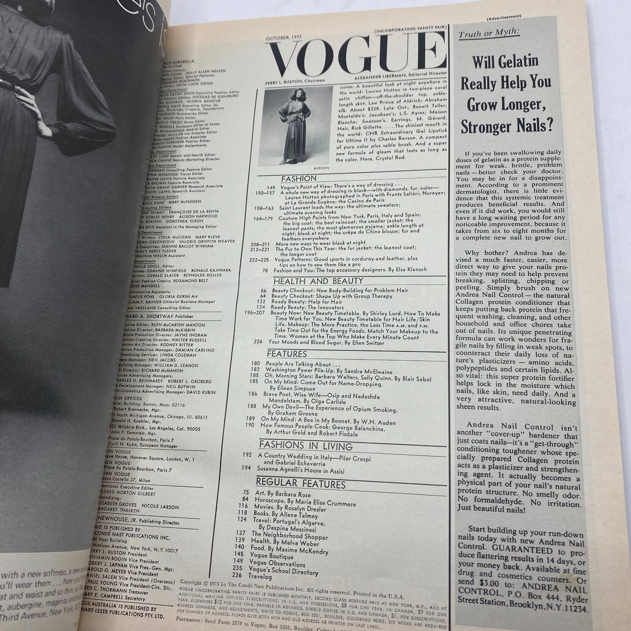 VTG Vogue Magazine October 1973 Lauren Hutton by Richard Avedon No Label