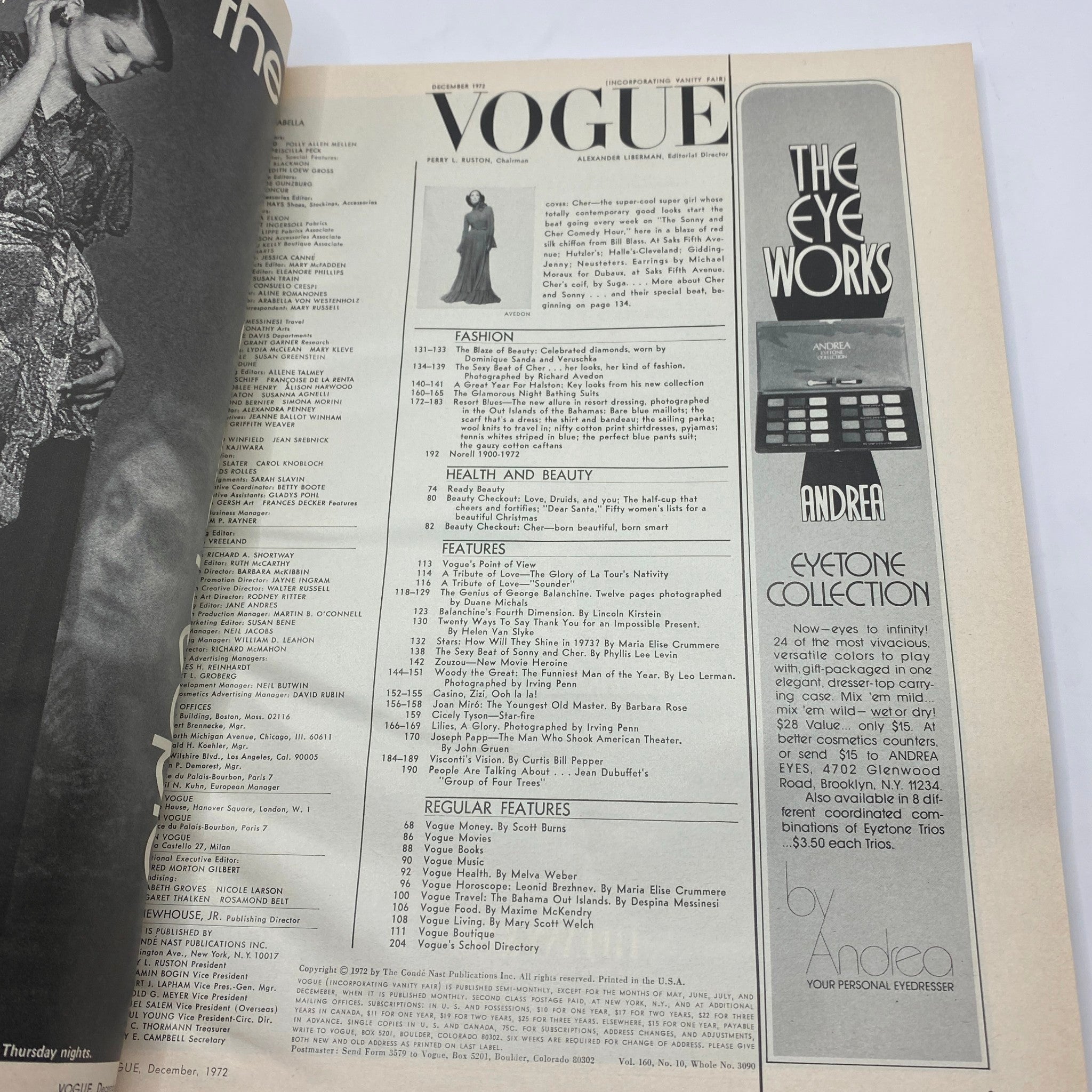 VTG Vogue Magazine December 1972 Cher by Richard Avedon No Label