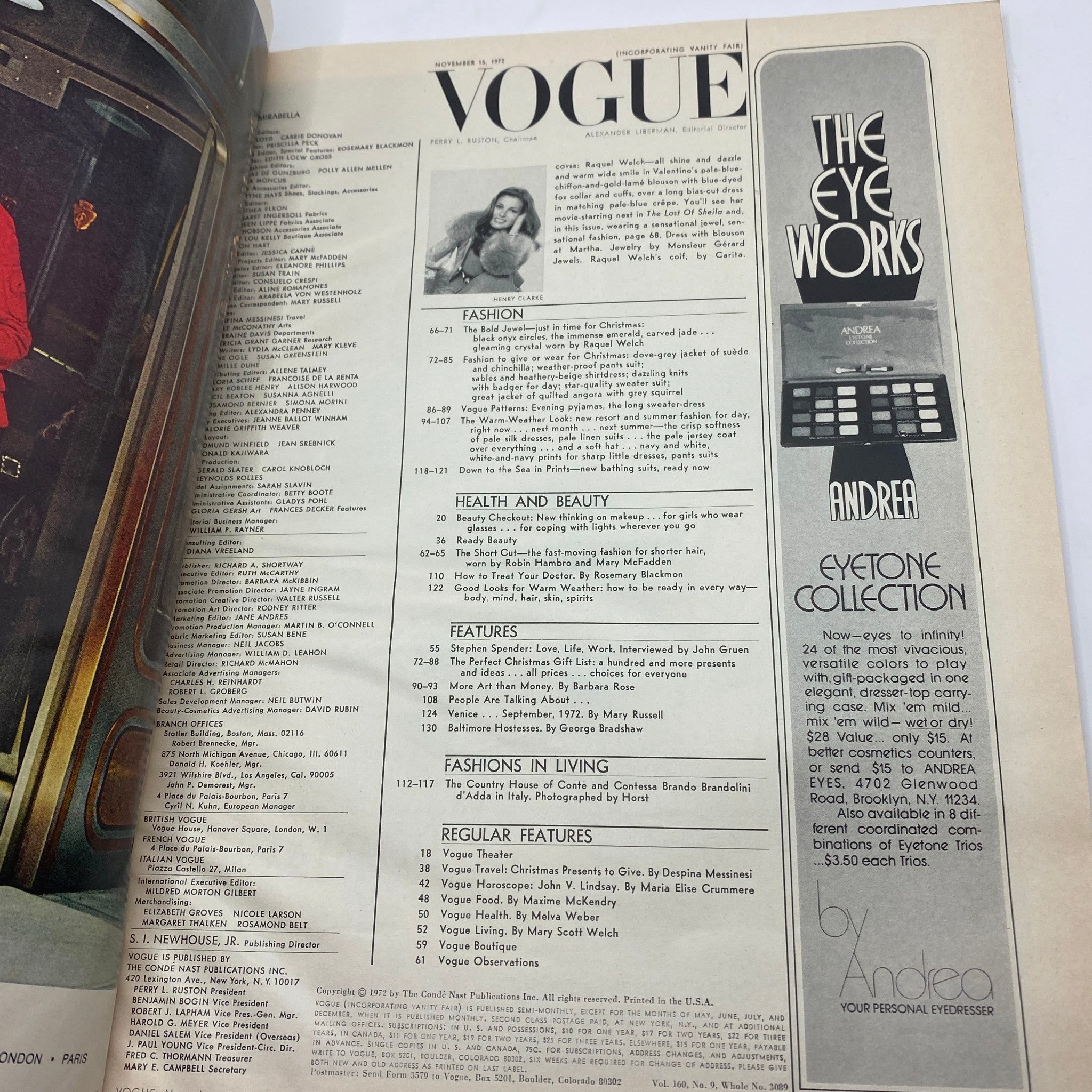 VTG Vogue Magazine November 15 1972 Raquel Welch by Henry Clarke No Label