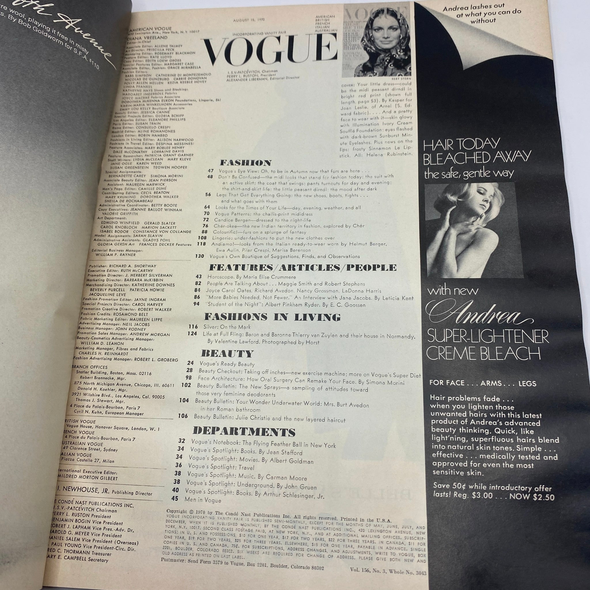 VTG Vogue Magazine August 15 1970 Karen Graham by Bert Stern No Label