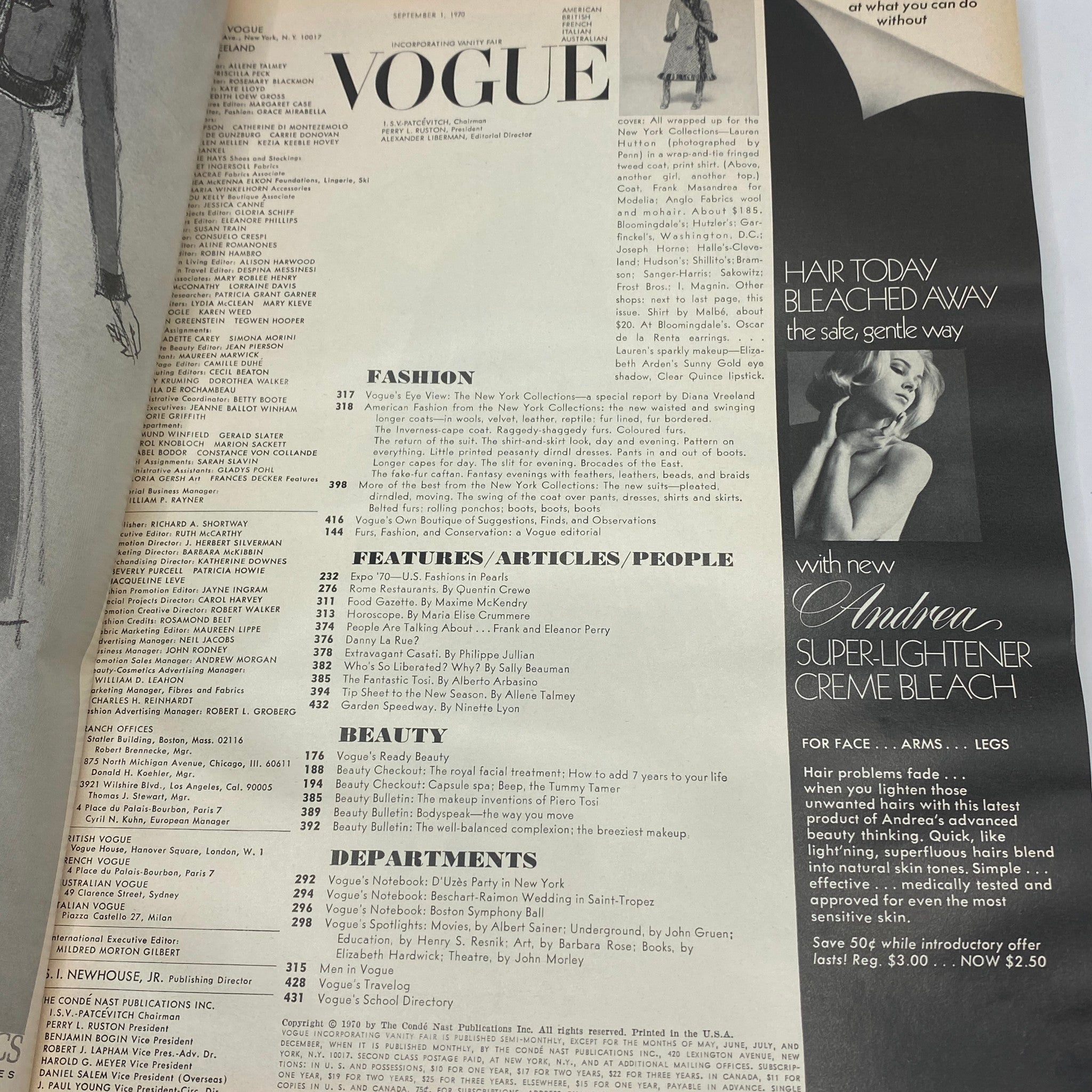 VTG Vogue Magazine September 1 1970 Lauren Hutton Cover No Label