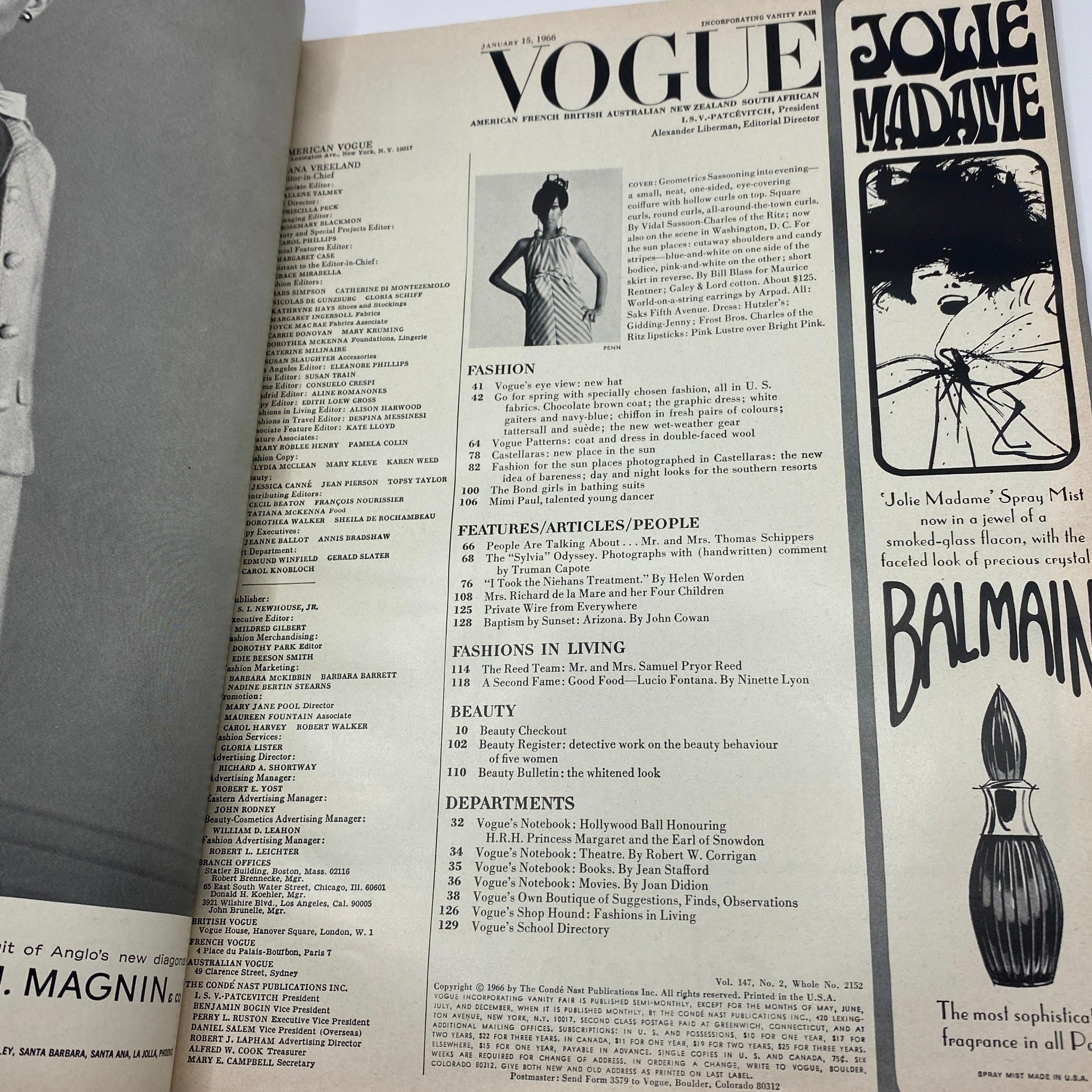 VTG Vogue Magazine January 15 1966 Marisa Berenson by Irving Penn No Label