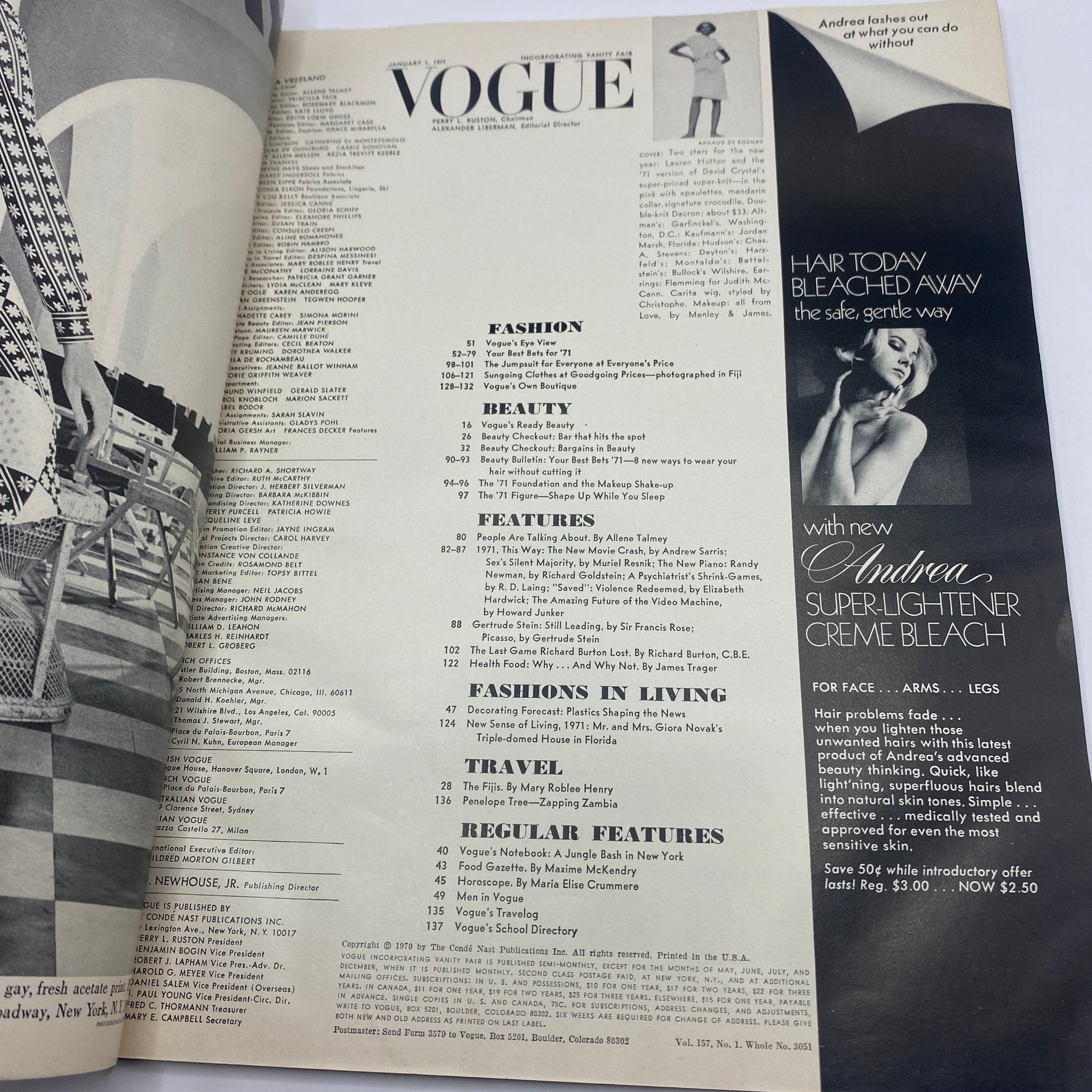 VTG Vogue Magazine January 1 1971 Lauren Hutton by Arnauld de Rosnay No Label