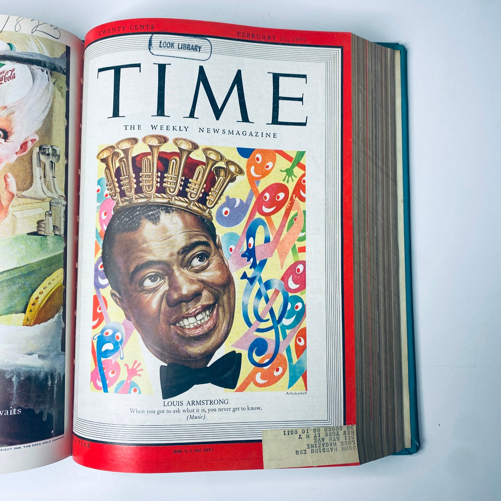 Time Magazine Library Bound Weekly January 3, 1949 - March 28, 1949 featuring Louis Armstrong on the February 21, 1949 cover with a colorful and lively illustration.