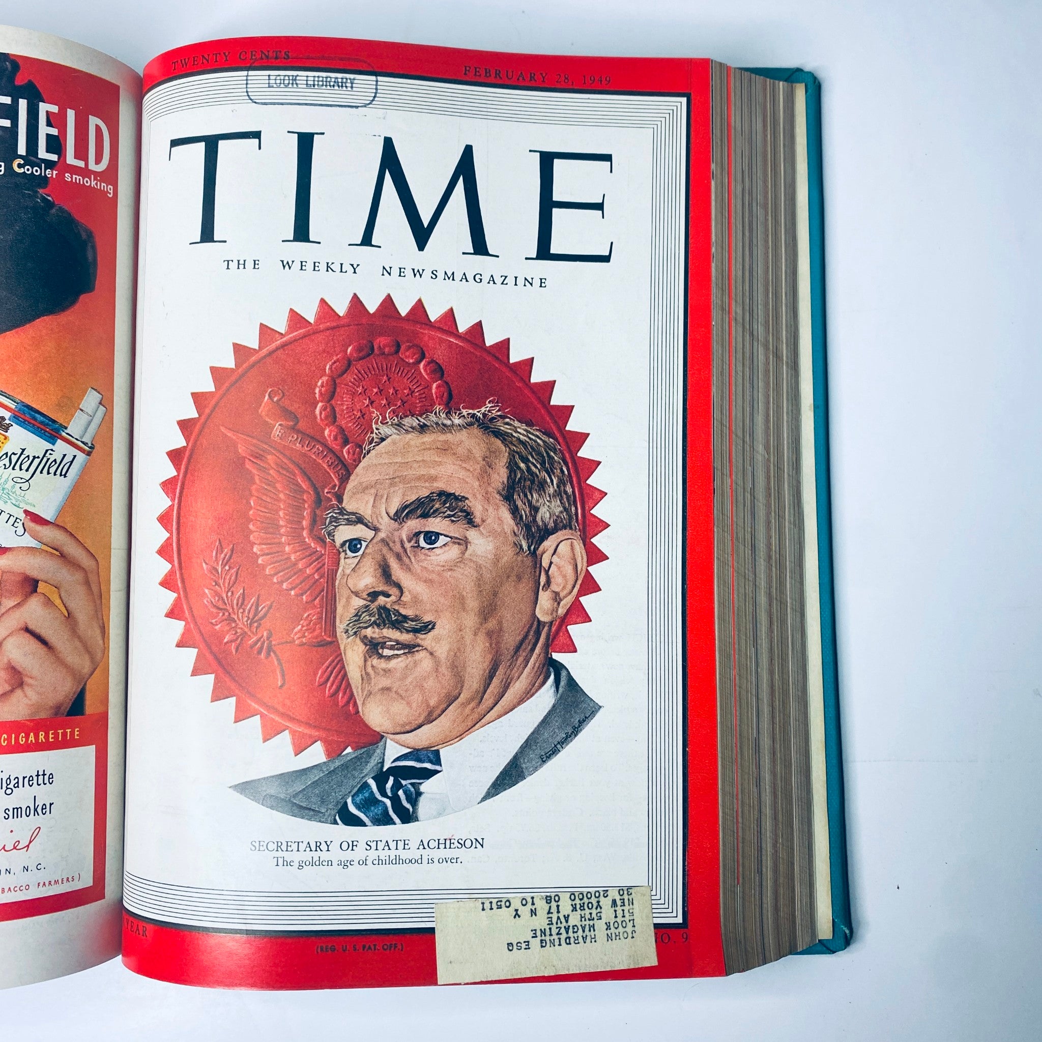 Time Magazine Library Bound Weekly January 3, 1949 - March 28, 1949 showcasing Secretary of State Acheson on the February 23, 1949 cover with a formal portrait and vibrant detailing.
