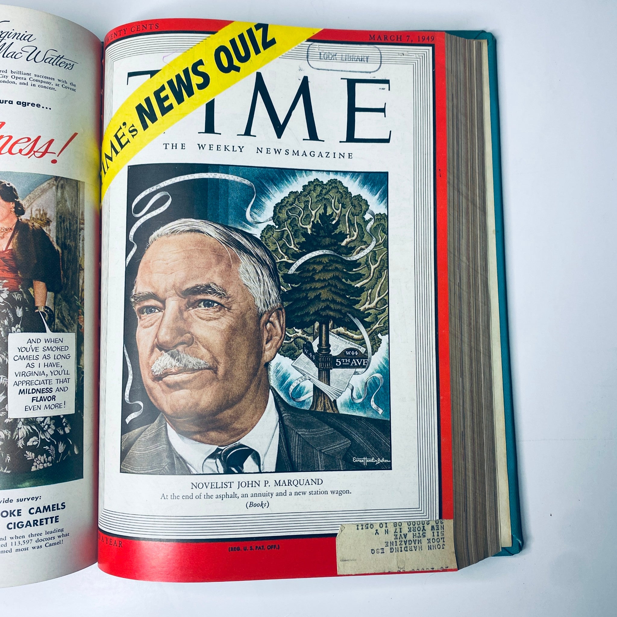 Cover of Time Magazine Library Bound Weekly January 3 to March 28, 1949 featuring novelist John P. Marquand. Includes a portrait illustration and marked 'Look Library'. Highlights the issue date of March 7, 1949.