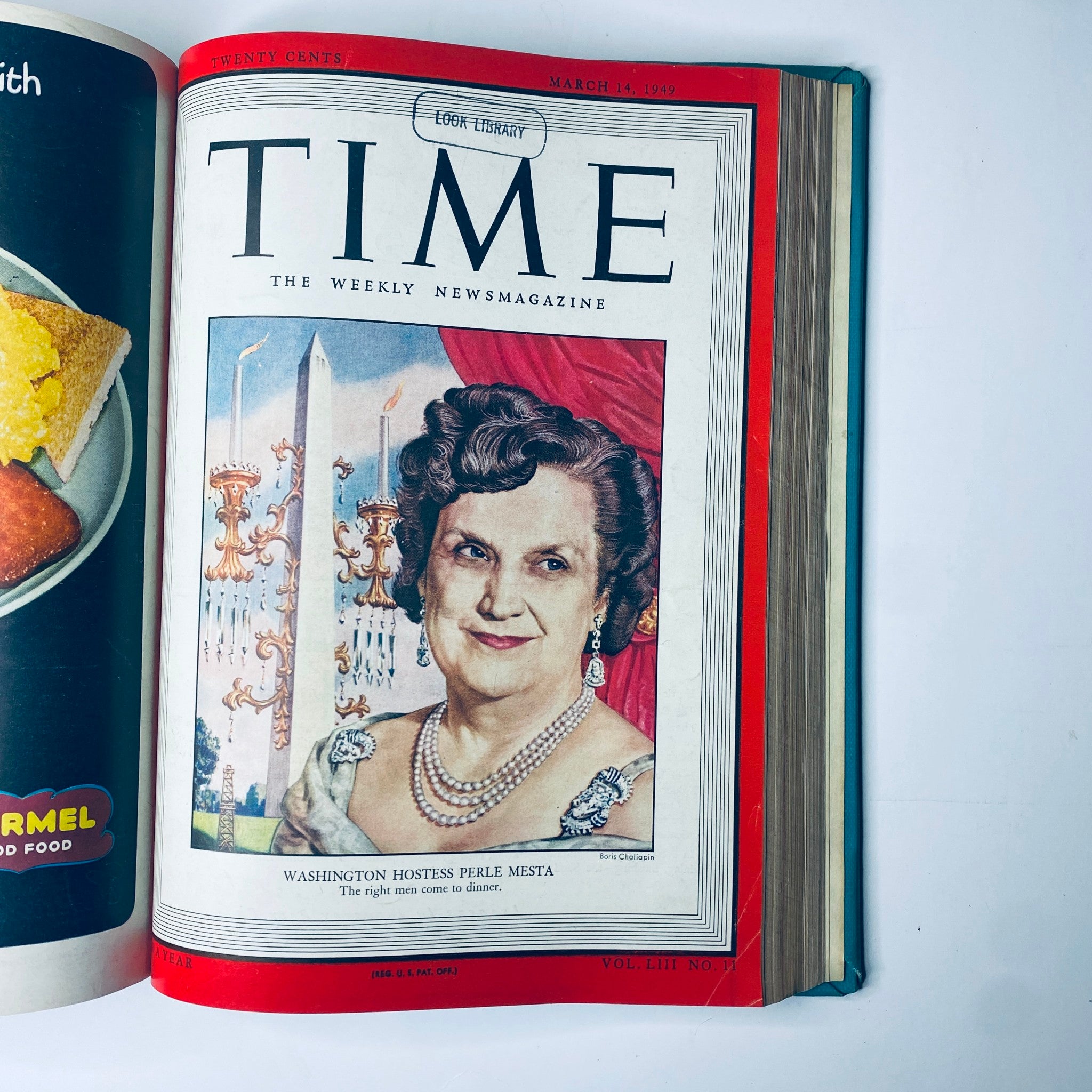 Cover of Time Magazine Library Bound Weekly January 3 to March 28, 1949 featuring Washington hostess Perle Mesta. The cover includes an illustration and is labeled 'Look Library'. Highlights the issue date of March 14, 1949.