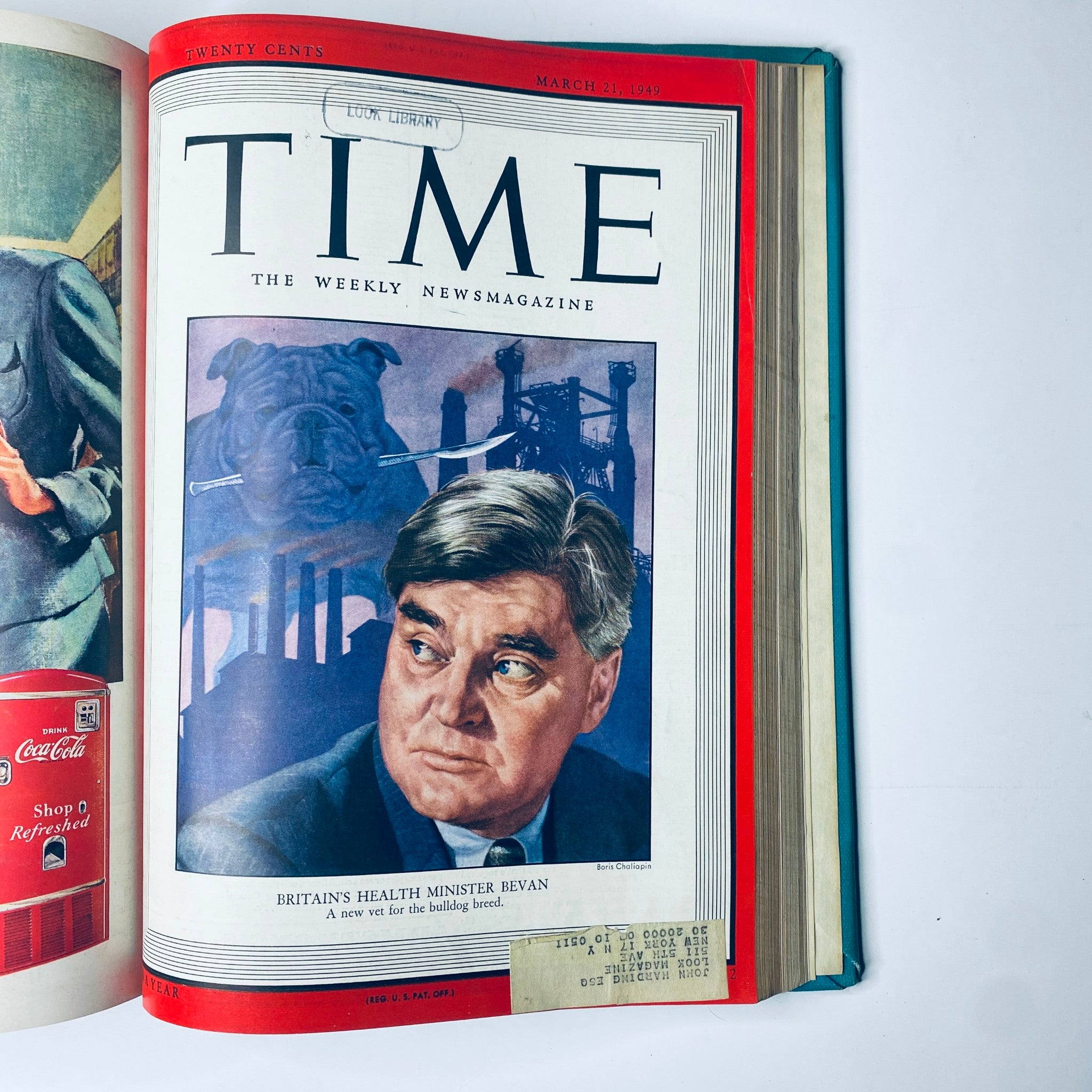 Cover of Time Magazine Library Bound Weekly January 3 to March 28, 1949 featuring Britain's Health Minister Aneurin Bevan. The cover includes an illustration along with the 'Look Library' label. Highlights the issue date of March 21, 1949.