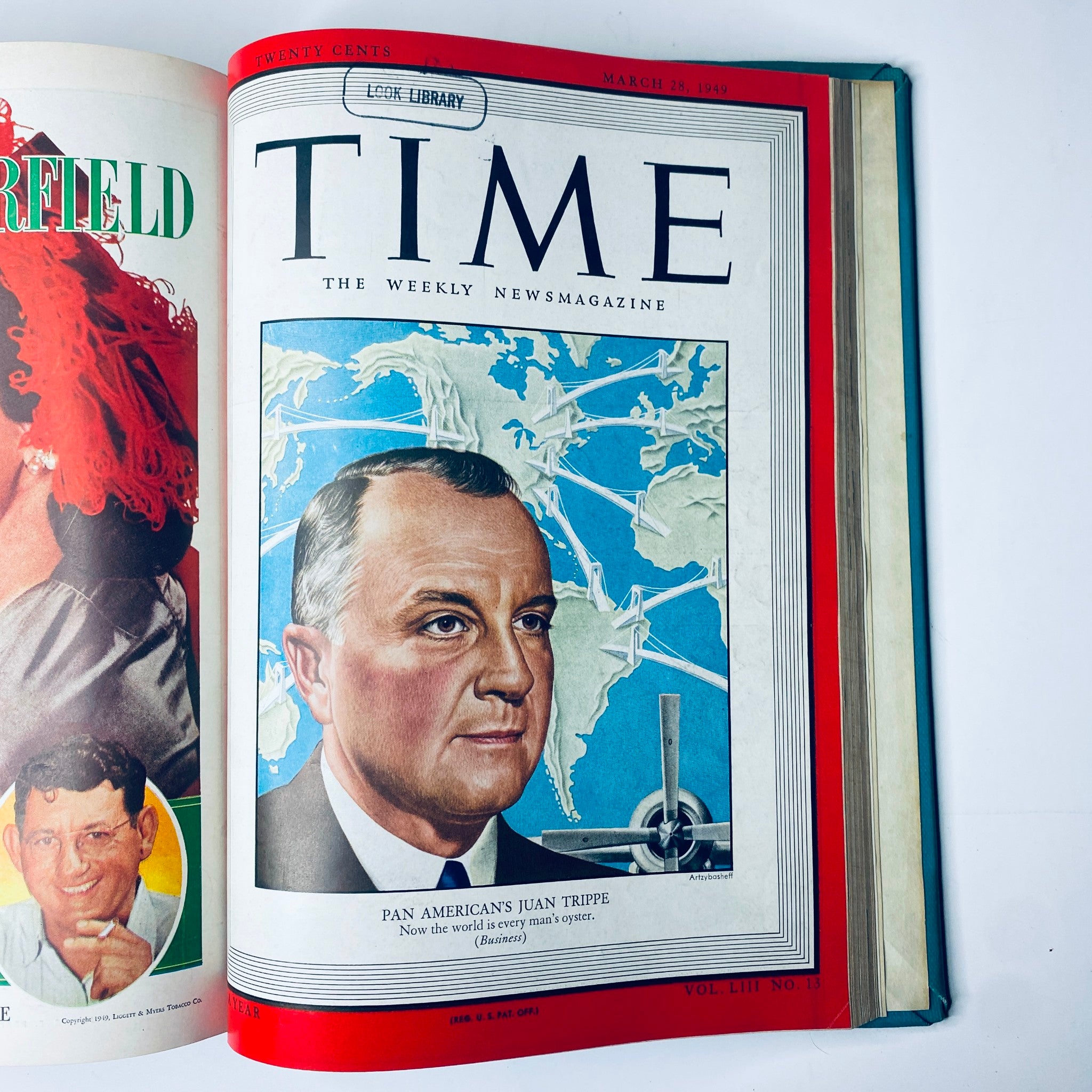 Cover of Time Magazine Library Bound Weekly January 3 to March 28, 1949 featuring Juan Trippe, founder of Pan American World Airways. The cover includes an illustration, marked 'Look Library', with the issue date of March 28, 1949.