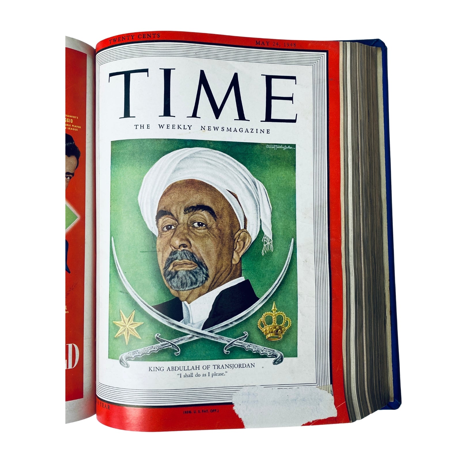 Cover of Time Magazine Library Bound Weekly featuring King Abdullah of Transjordan, dated May 24, 1948. The artwork includes the king's portrait, along with cultural and historical symbols, making it an essential piece in the collection of Time Magazine from April to June 1948.