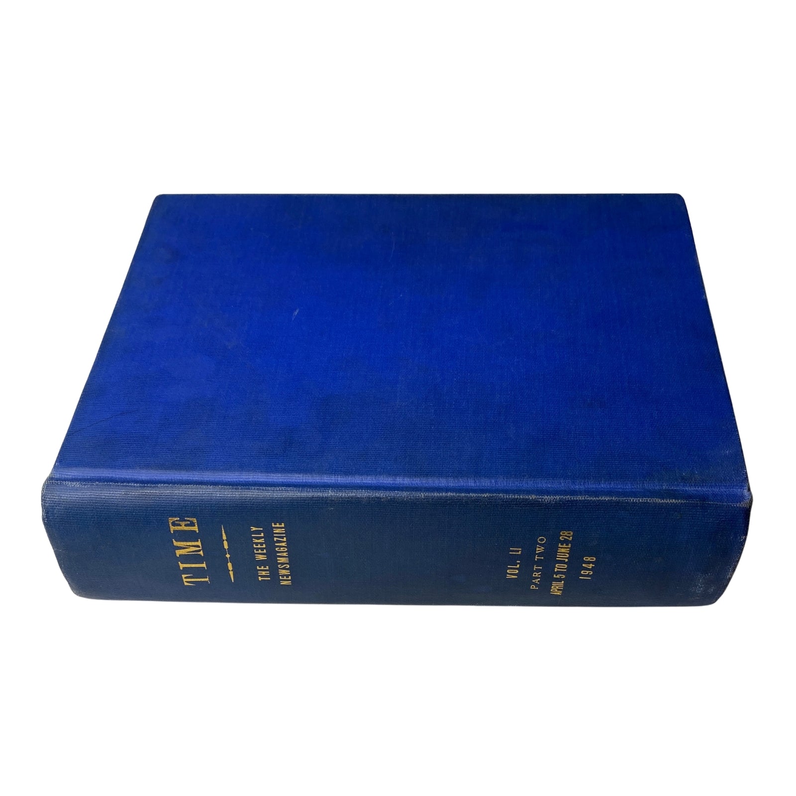 Spine of Time Magazine Library Bound Weekly April 5, 1948 - June 28, 1948 displaying the title 'TIME' and volume details in gold lettering.