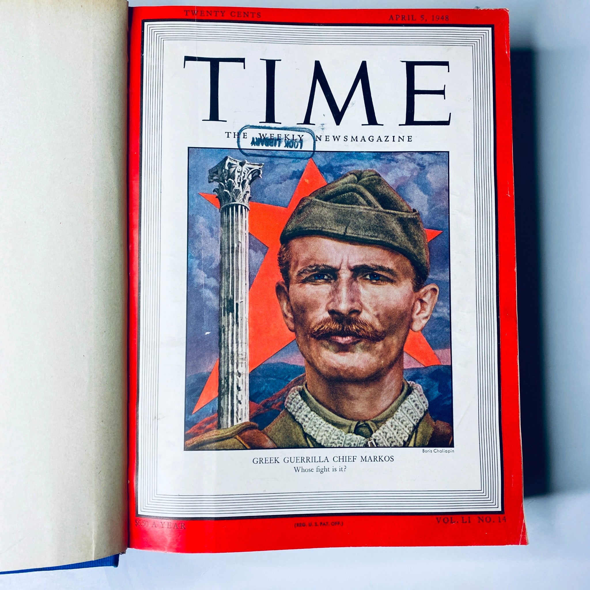 Cover of Time Magazine Library Bound Weekly April 5, 1948, featuring Greek Guerrilla Chief Markos with a bold red star background.
