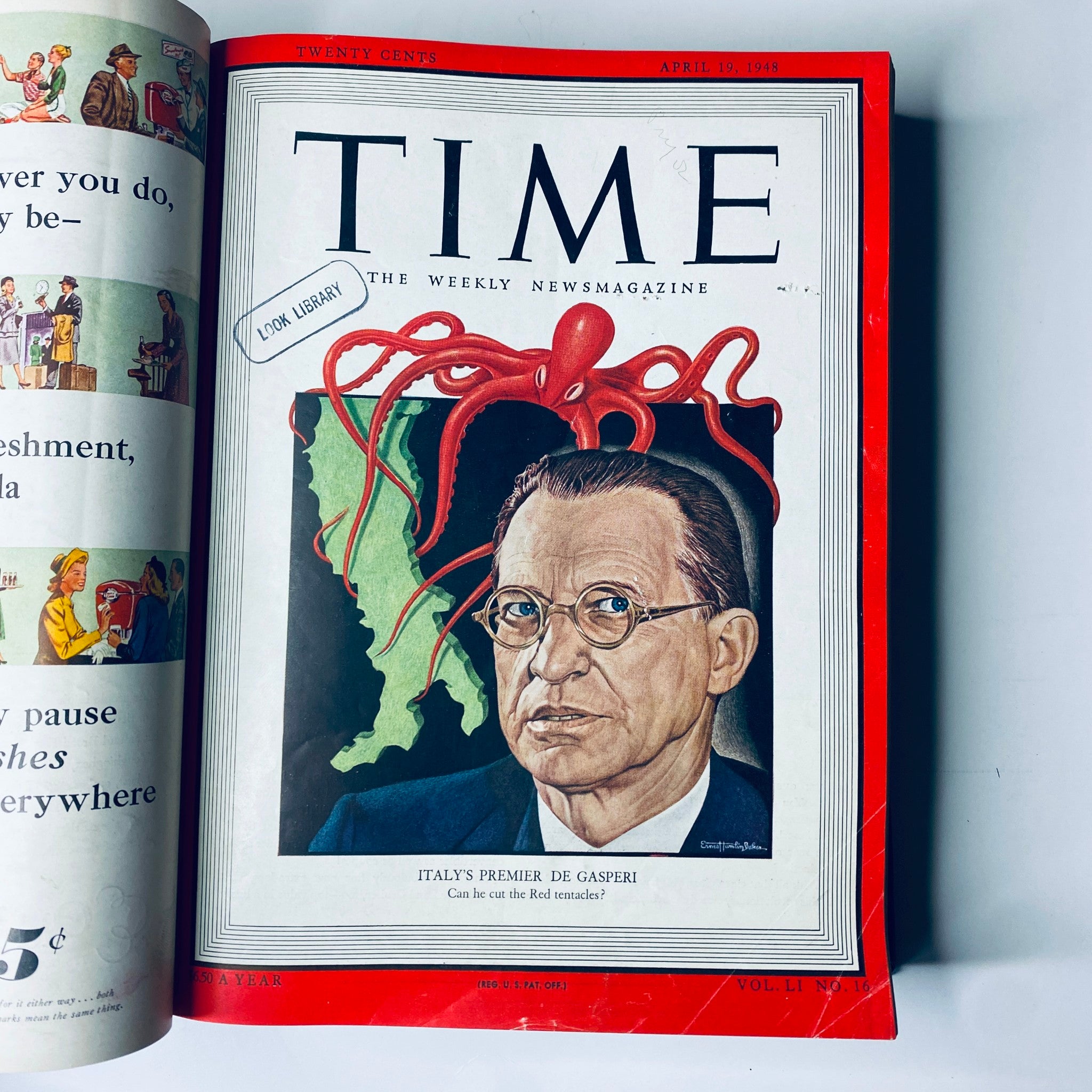Cover of Time Magazine Library Bound Weekly April 19, 1948, highlighting Italy's Premier Alcide De Gasperi with an octopus illustration.
