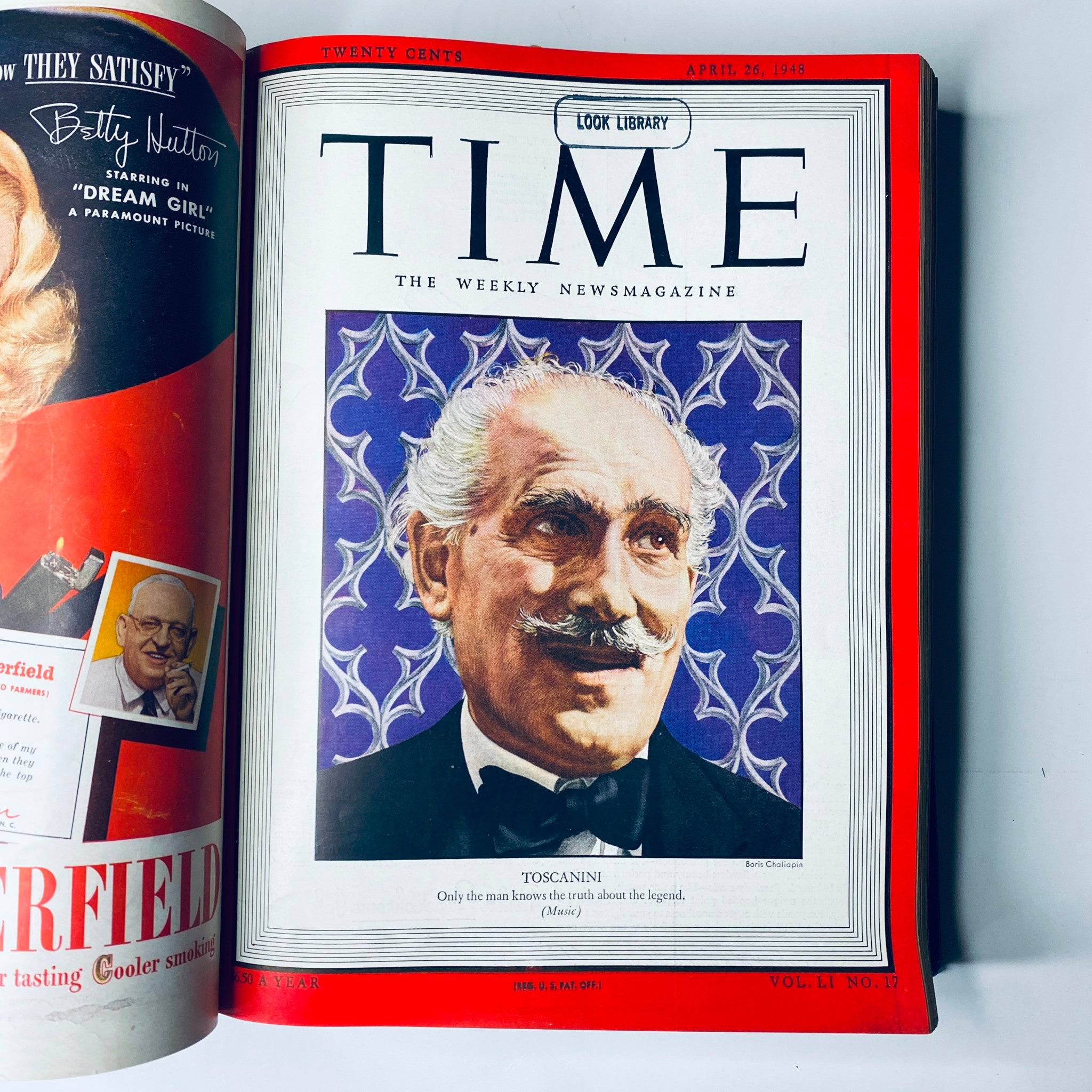 Cover of Time Magazine Library Bound Weekly April 26, 1948, featuring conductor Arturo Toscanini with a colorful backdrop.