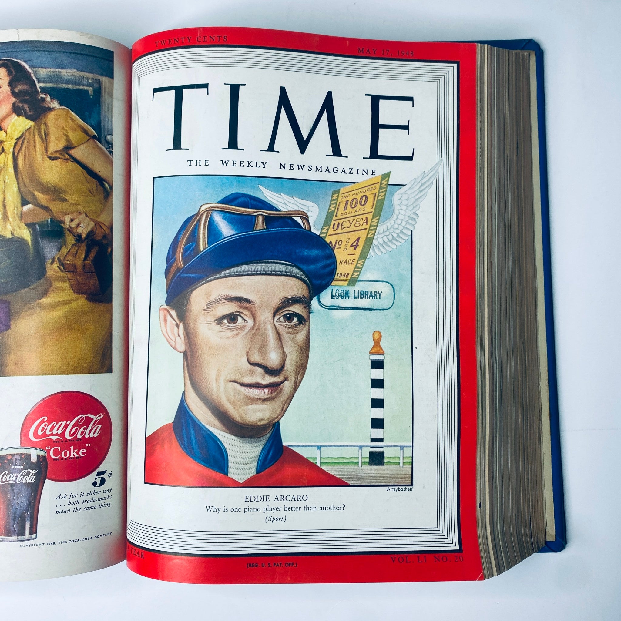 Time Magazine Library Bound Weekly April 5 to June 28, 1948 cover featuring Eddie Arcaro, the famous jockey, questioning the differences in skill among piano players.