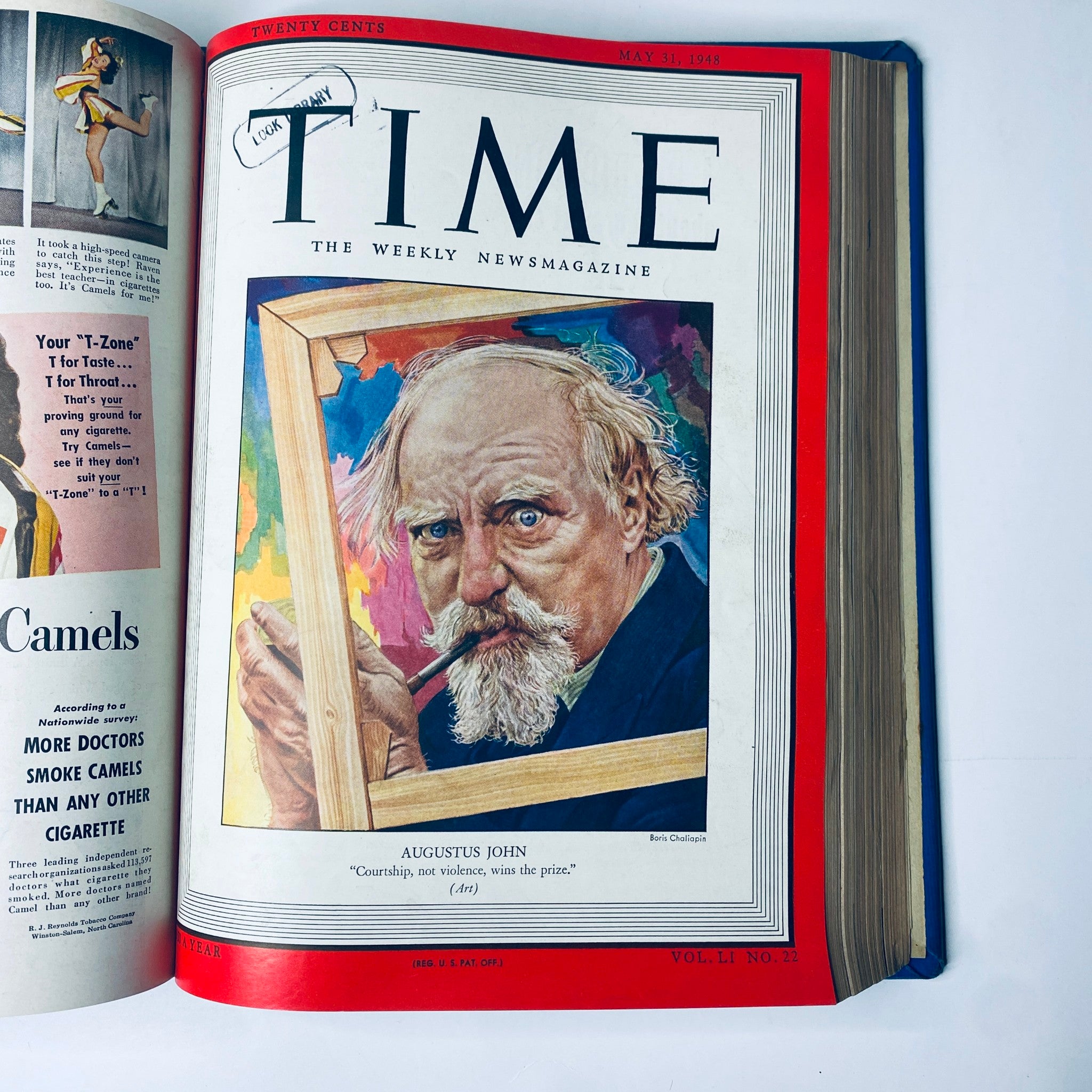 Time Magazine Library Bound Weekly April 5 to June 28, 1948 cover featuring Augustus John, the British painter, portraying himself with a paint palette.