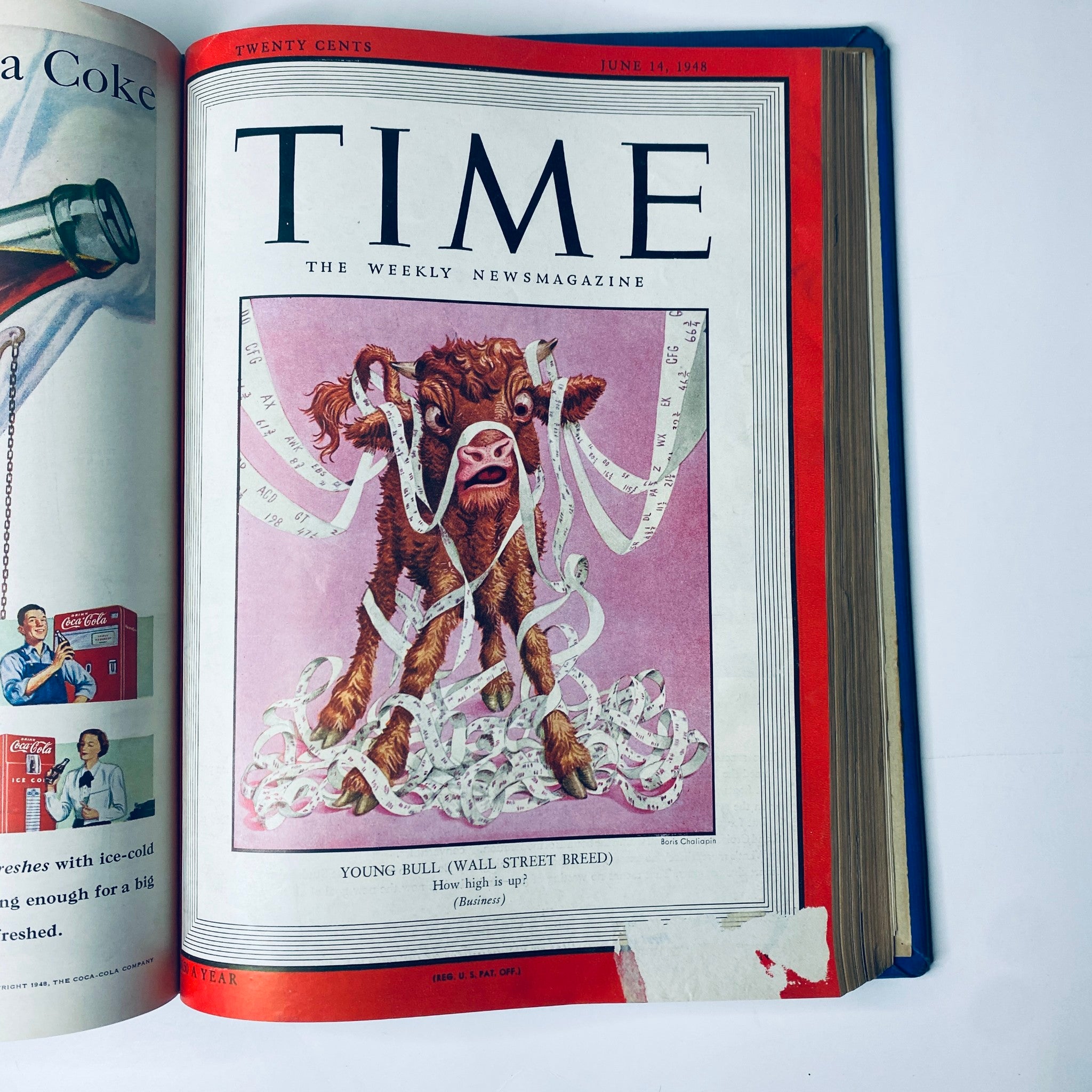 Time Magazine Library Bound Weekly April 5 to June 28, 1948 cover featuring a whimsical young bull symbolizing Wall Street's growing economy.