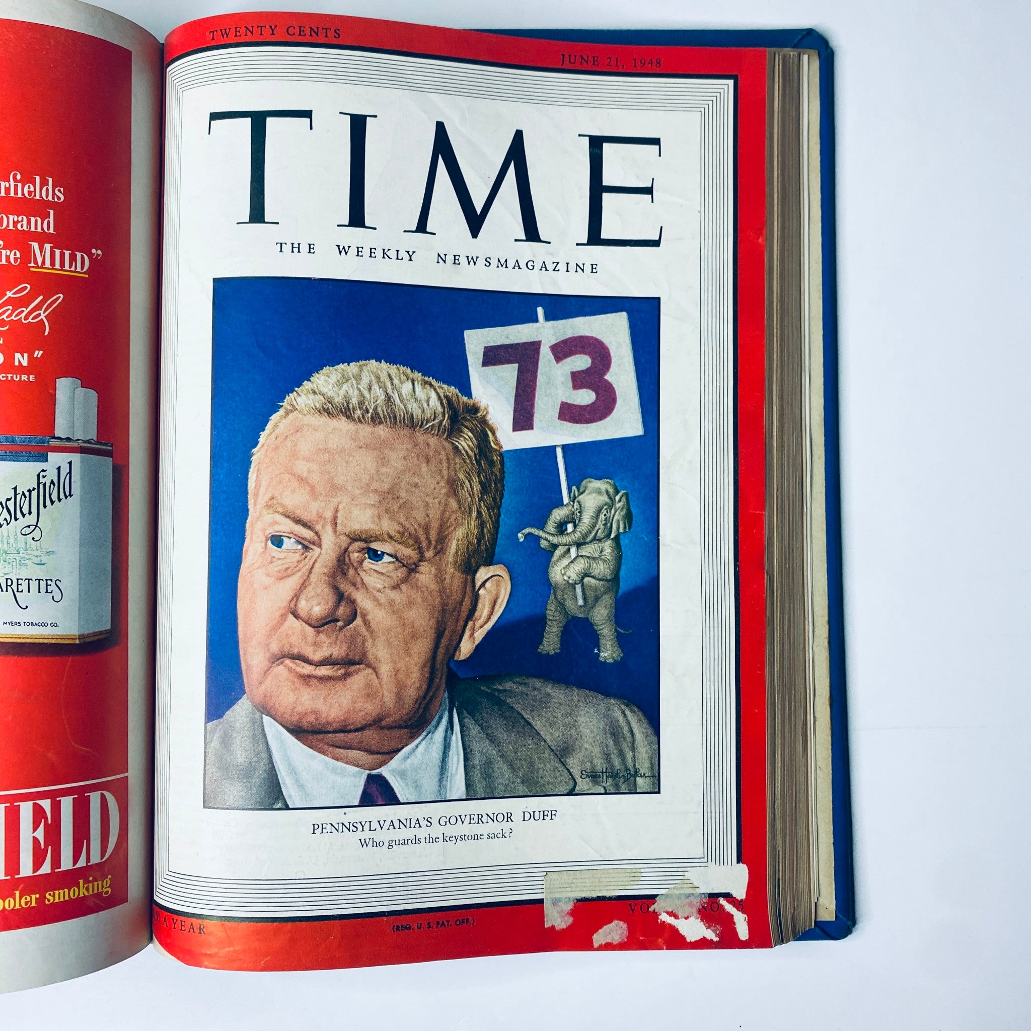 Cover of Time Magazine Library Bound Weekly from April 5 to June 28, 1948 featuring Pennsylvania's Governor Duff and an elephant, showcasing political themes from that era.