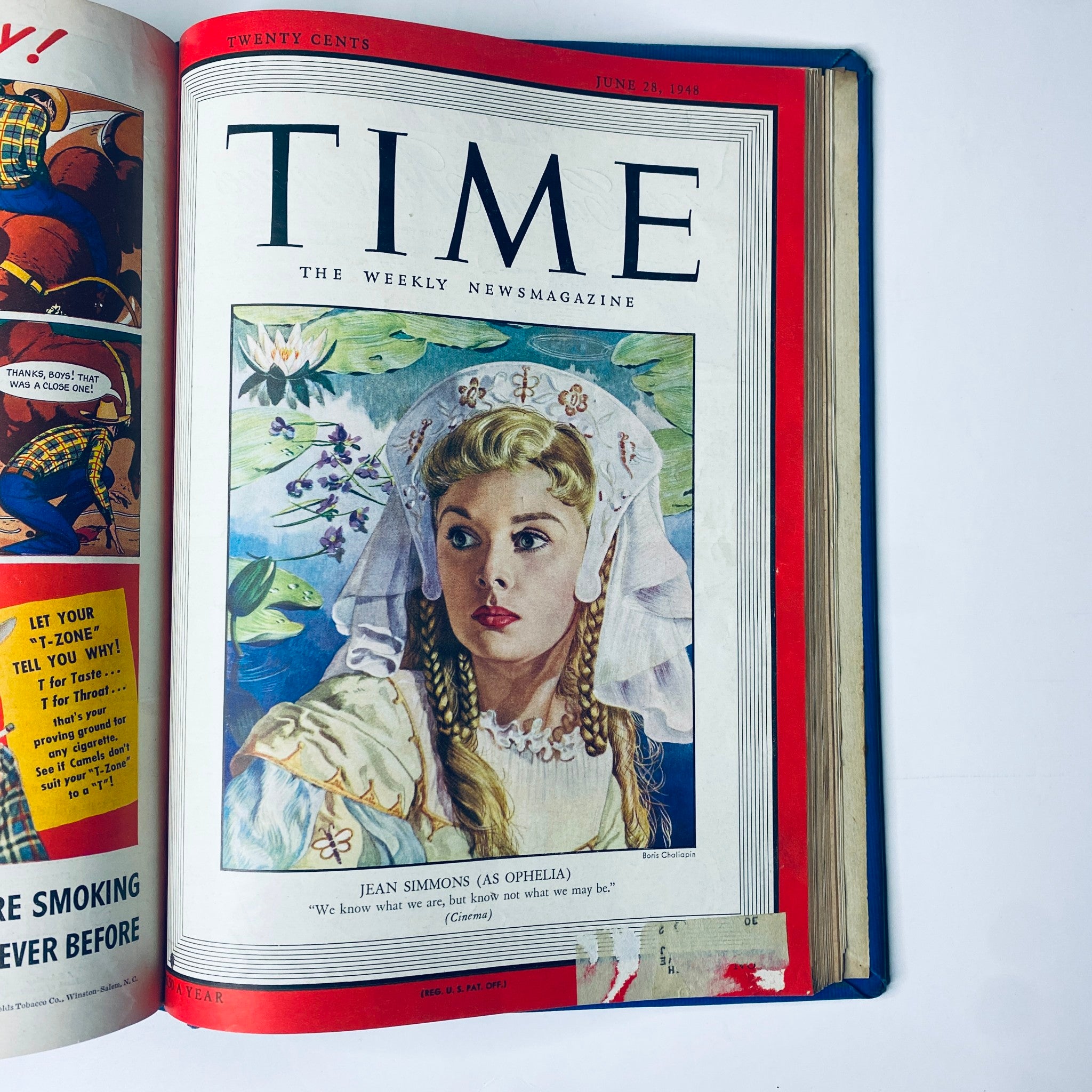 Cover of Time Magazine Library Bound Weekly from April 5 to June 28, 1948 featuring actress Jean Simmons as Ophelia, reflecting cultural icons of the period.