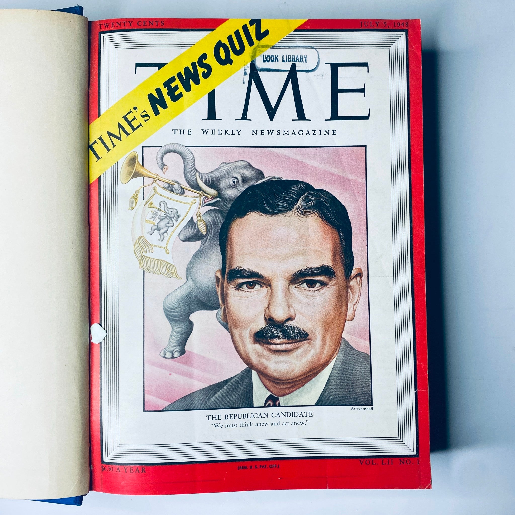 Cover page of Time Magazine Library Bound Weekly from July 5, 1948, featuring the Republican candidate Thomas E. Dewey with an elephant illustration, emphasizing political themes of the era.