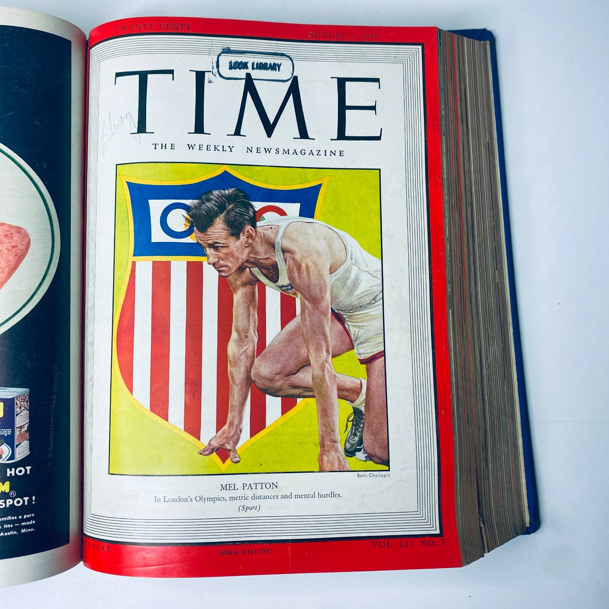 Time Magazine cover highlighting Mel Patton, dated August 2, 1948, from the Time Library Bound Weekly July 5, 1948 - September 27, 1948, depicting the Olympic sprinter in an action pose.