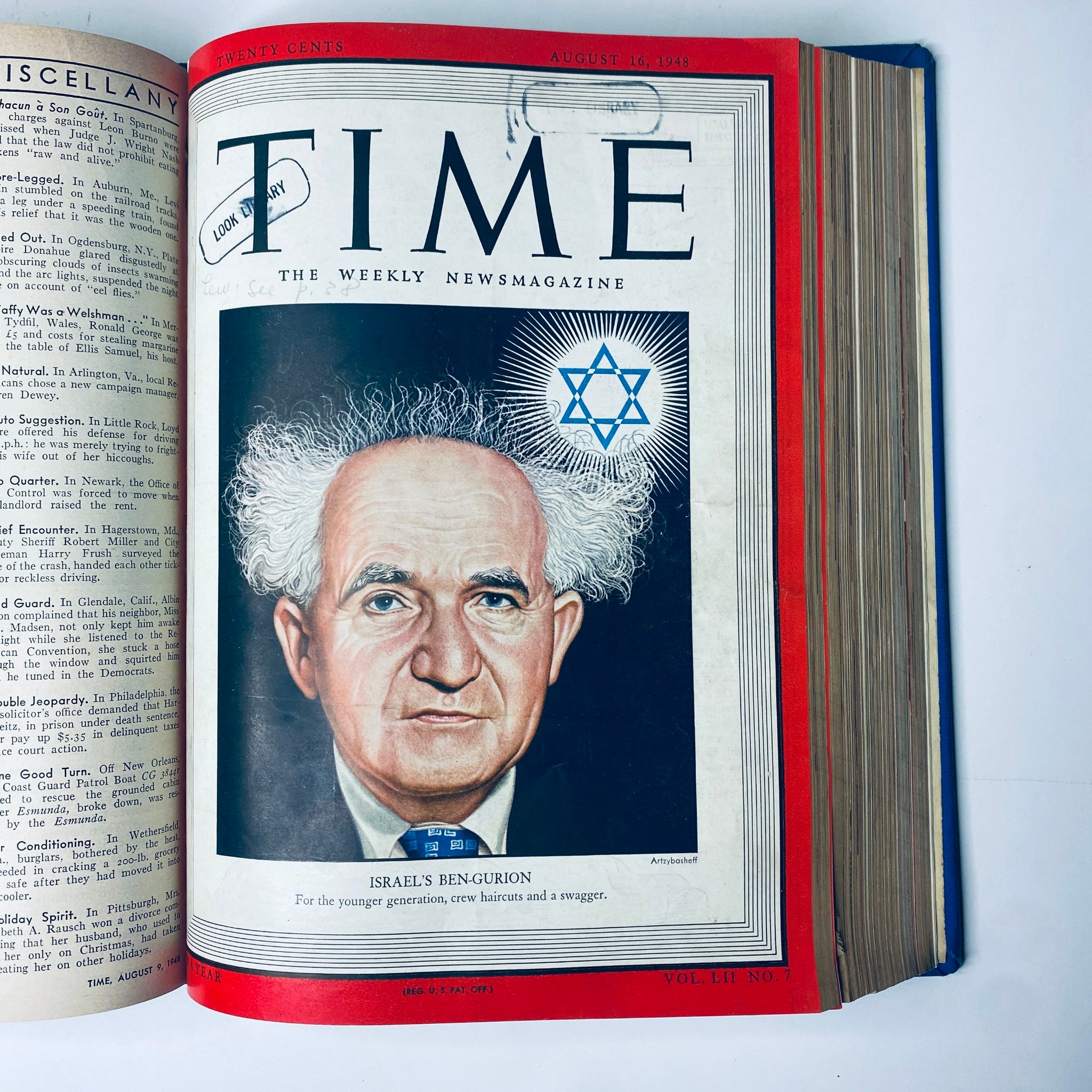 Time Magazine cover highlighting David Ben-Gurion, dated August 16, 1948, from the Time Library Bound Weekly July 5, 1948 - September 27, 1948, showing the Israeli leader with the Star of David.