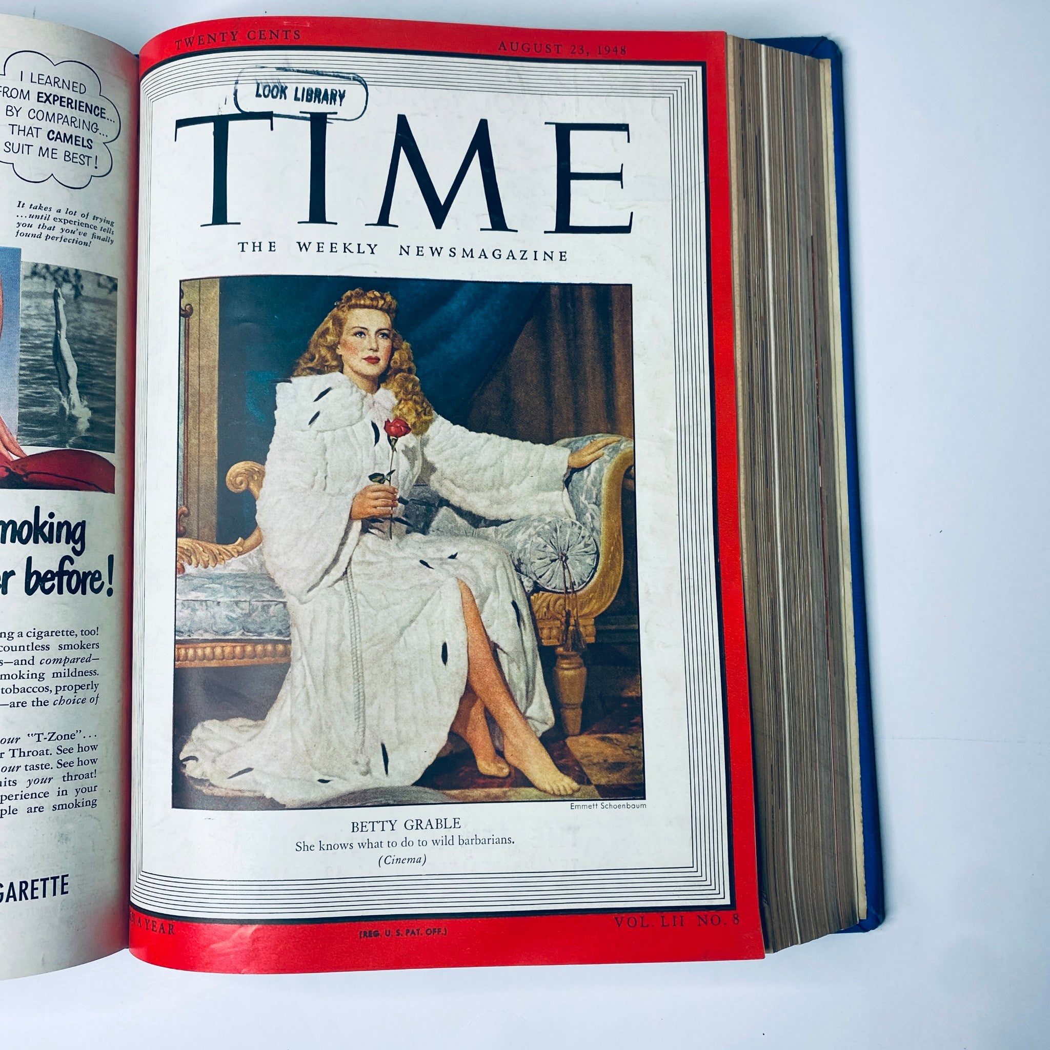 Time Magazine cover featuring Betty Grable, dated August 23, 1948, from the Time Library Bound Weekly July 5, 1948 - September 27, 1948, showcasing the iconic actress in a glamorous pose.