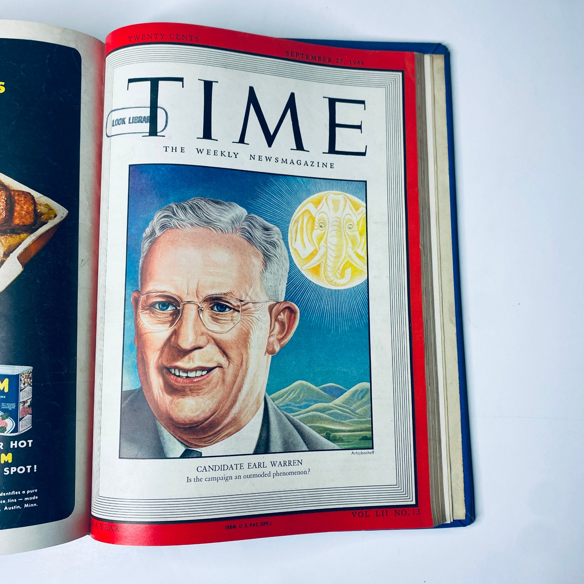 Cover of Time Magazine, September 27, 1948 showcasing candidate Earl Warren, part of the Time Library Bound Weekly July 5, 1948 - September 27, 1948.