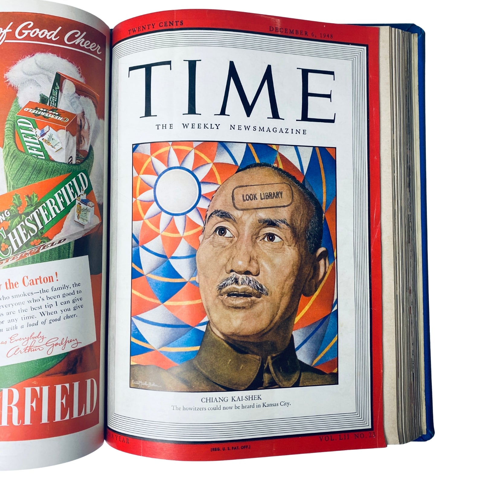 Inside view of Time Magazine Library Bound October 1948-December 1948 featuring the cover page with a portrait of Chiang Kai-Shek from December 6, 1948.
