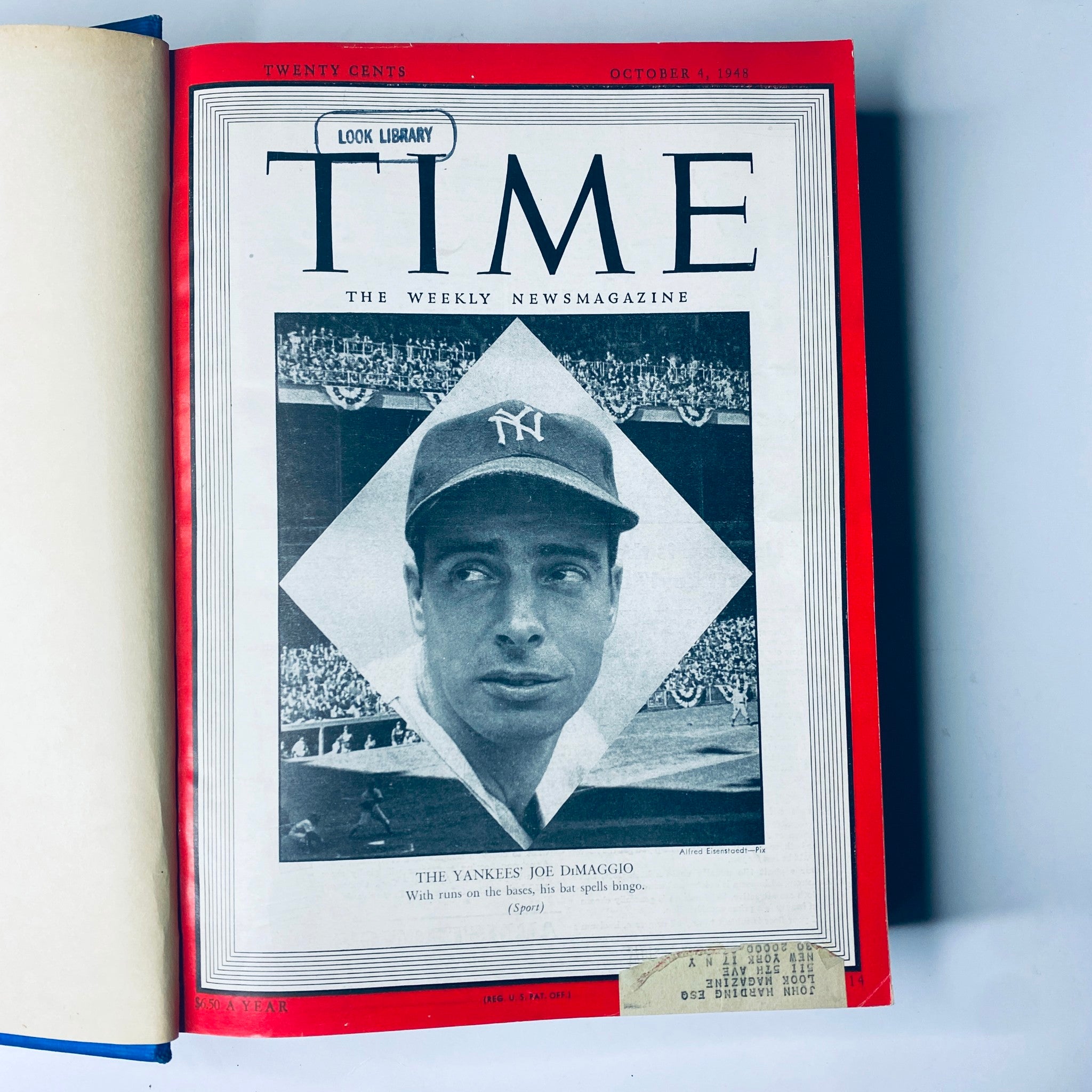 Cover of Time Magazine from October 4, 1948, featuring Joe DiMaggio, titled "The Yankees' Joe DiMaggio" from the Time Magazine Library Bound October 1948-December 1948 Robert Oppenheimer.