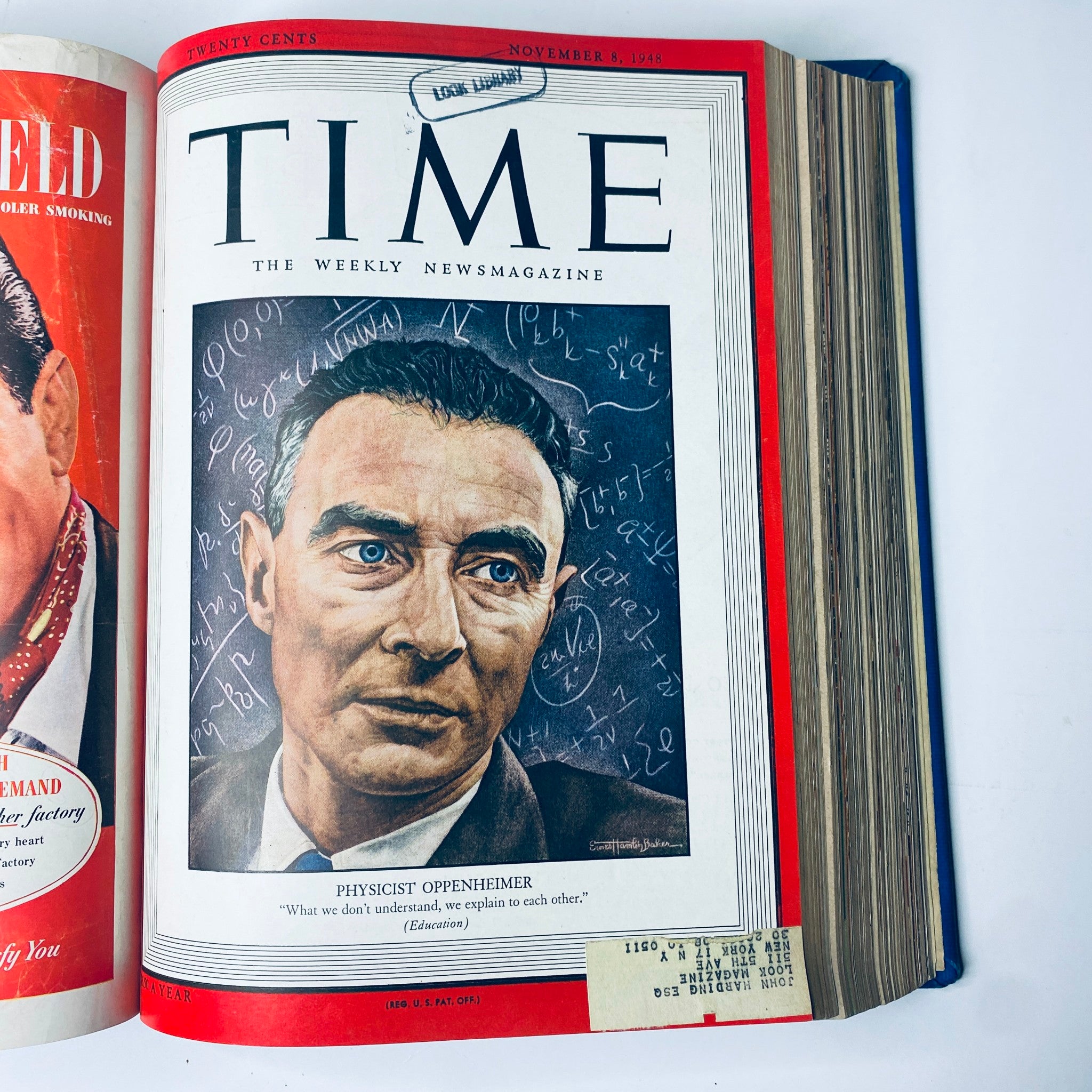 Cover of Time Magazine dated November 8, 1948, featuring physicist J. Robert Oppenheimer, with his portrait surrounded by mathematical equations in the background, from the library bound volume October 1948 to December 1948.