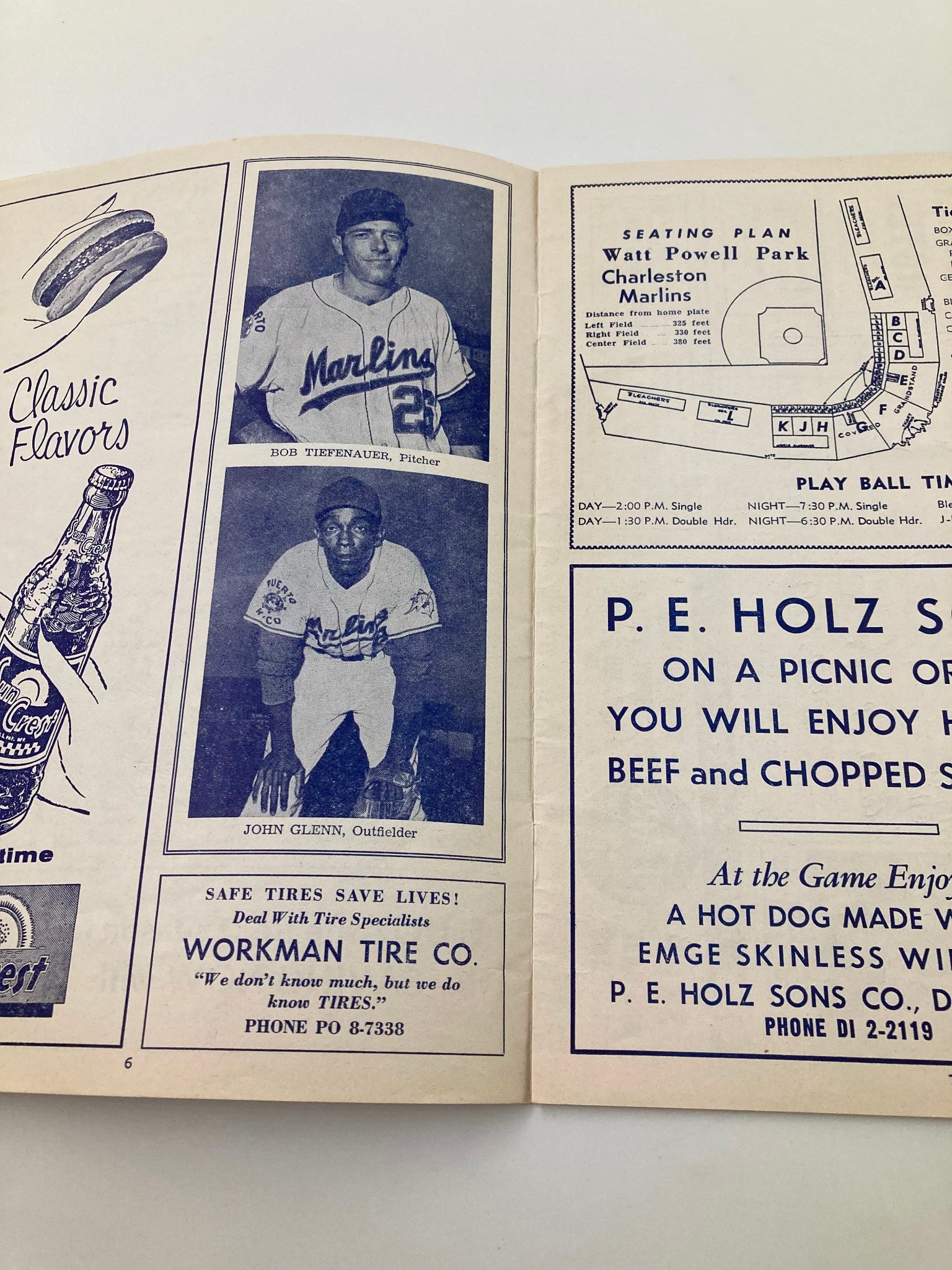 An interior view of the 1961 Season Charleston Marlins Watt Powell Park Official Score Book showcasing team photos of players Bob Tiepenaur and John Glenn.