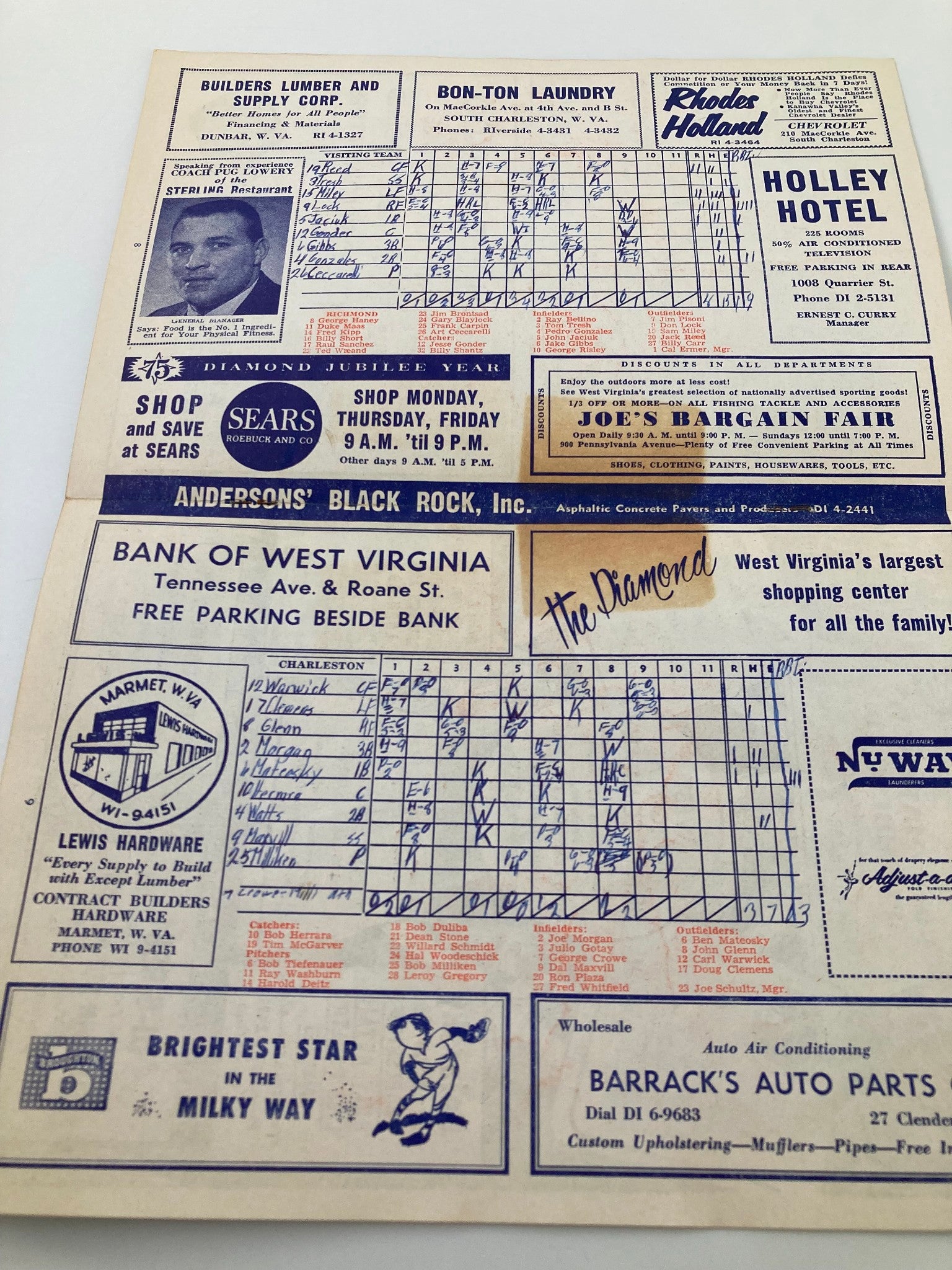 1961 Season Charleston Marlins Watt Powell Park Official Score Book featuring vintage advertisements and scoring sections.