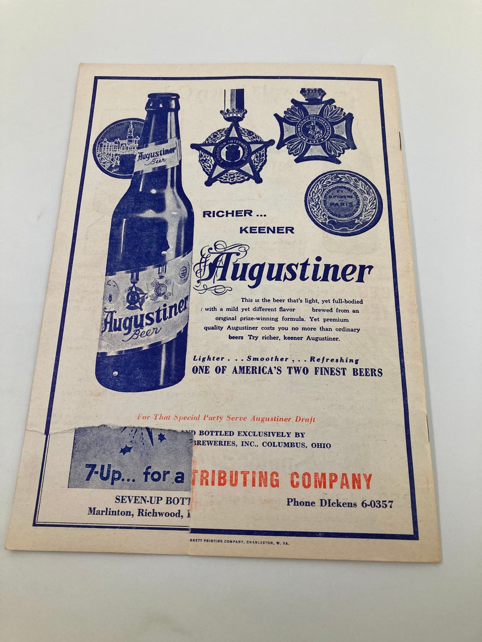 Back cover of the 1961 Season Charleston Marlins Watt Powell Park Official Score Book displaying an advertisement for Augustiner Beer.