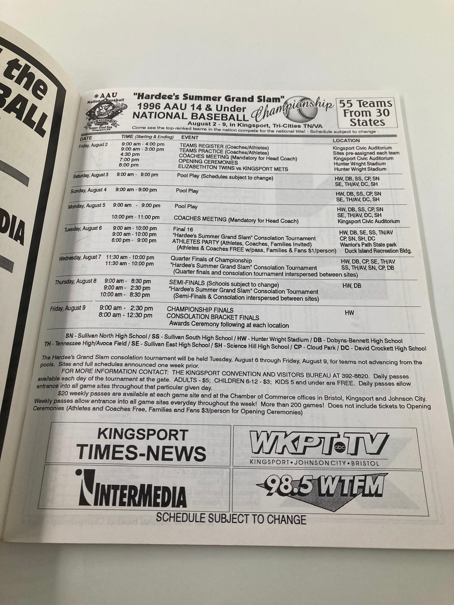 August 2-9 1996 AAU 14 & Under National Baseball Championship Official Program