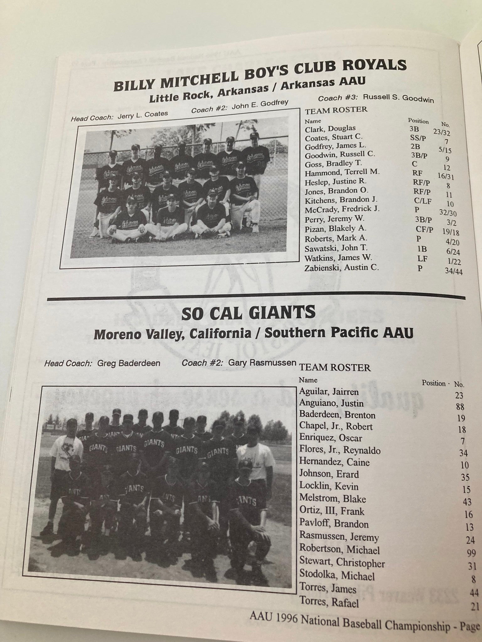 August 2-9 1996 AAU 14 & Under National Baseball Championship Official Program