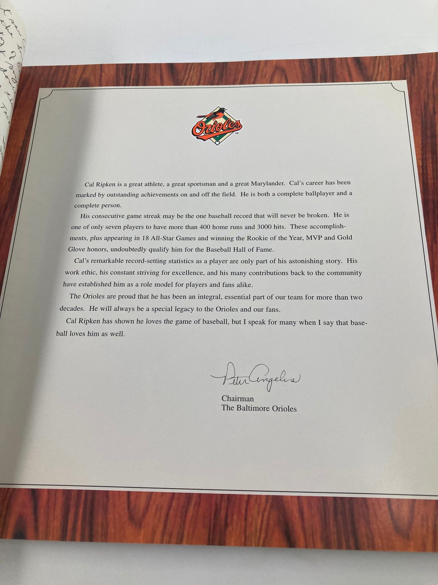 2001 The Baltimore Orioles Official Cal Ripken Jr. Farewell Commemorative