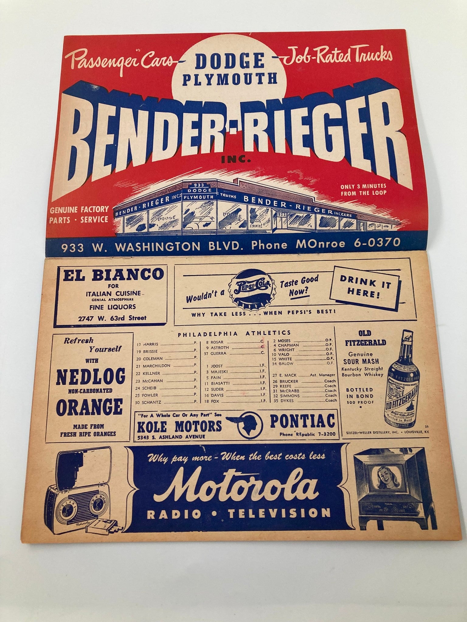 1949 Dodge Plymouth Bender-Rieger Inc. Score Cards Program showing a retro advertisement layout with a focus on the Dodge Plymouth branding, showcasing historical automotive marketing.