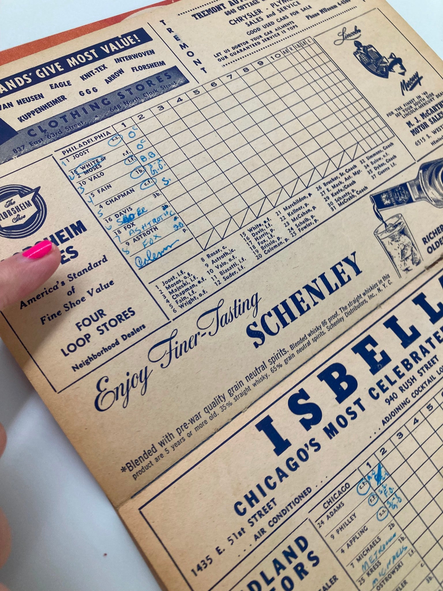 1949 Dodge Plymouth Bender-Rieger Inc. Score Cards Program featuring a vintage scorecard layout with handwritten notes and statistics, highlighting its historical significance.