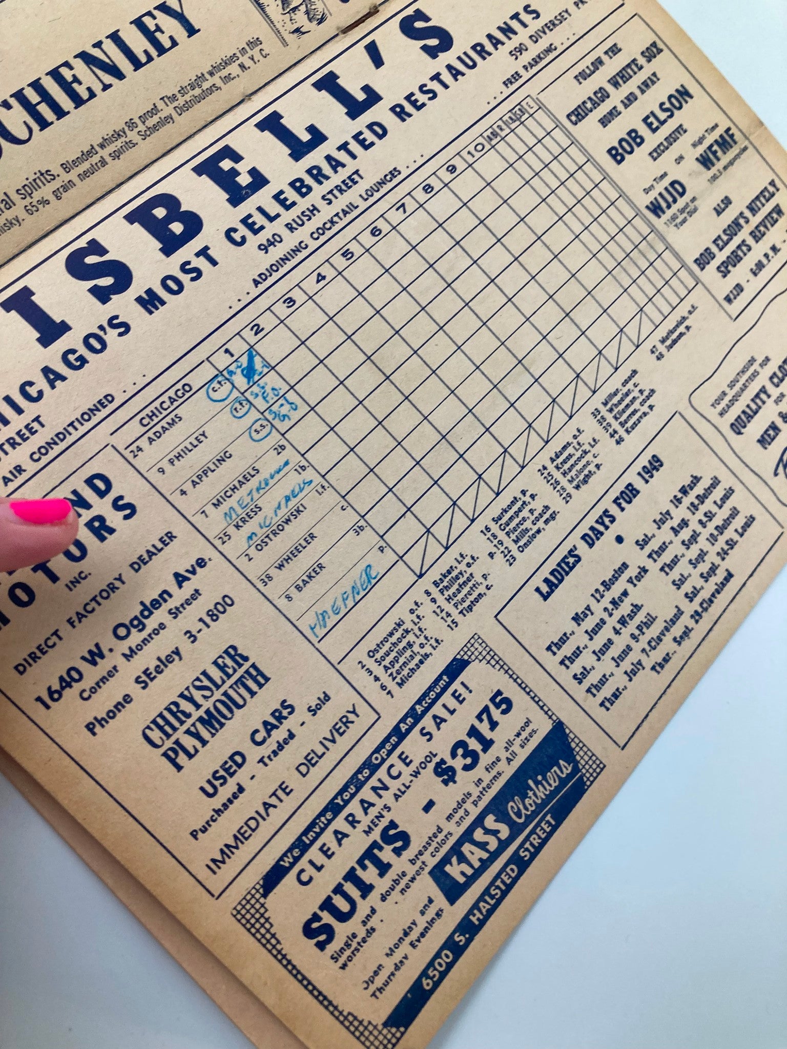 1949 Dodge Plymouth Bender-Rieger Inc. Score Cards Program showcasing a detailed scorecard page from Isbell's restaurant with game statistics and handwritten entries, emphasizing its collectible value.