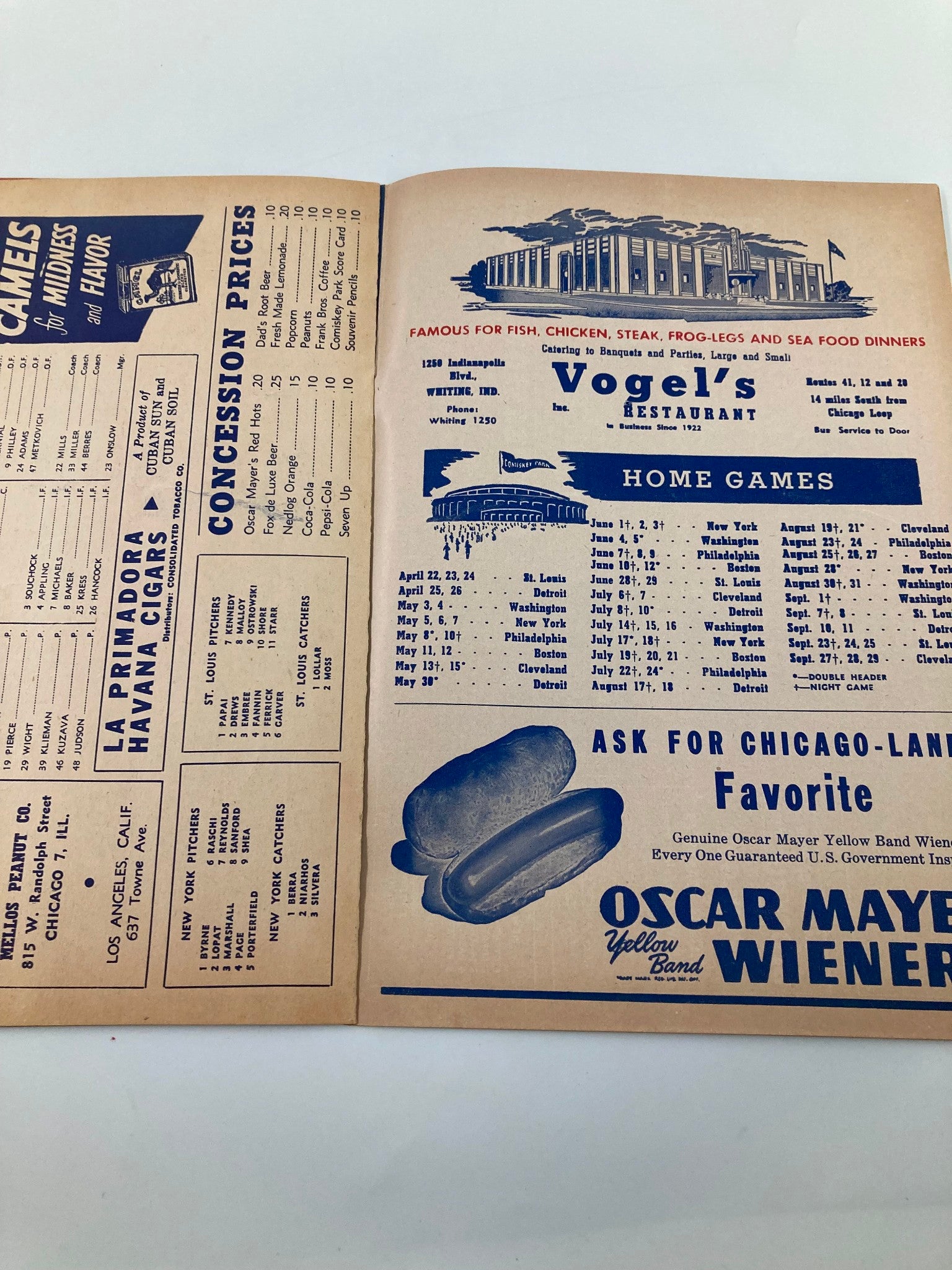 1949 Dodge Plymouth Bender-Rieger Inc. Score Cards Program containing a menu from Vogel's restaurant featuring concession prices and home game schedules, adding to its nostalgic charm.