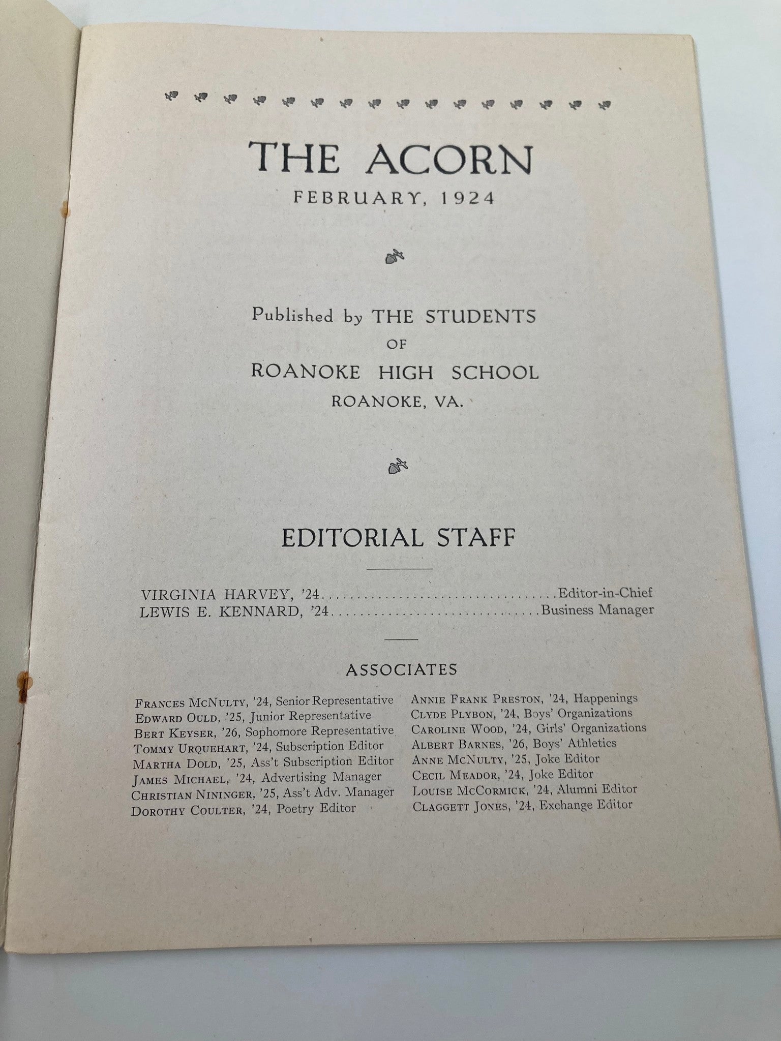 February 1924 The Acorn Students of Roanoke High School