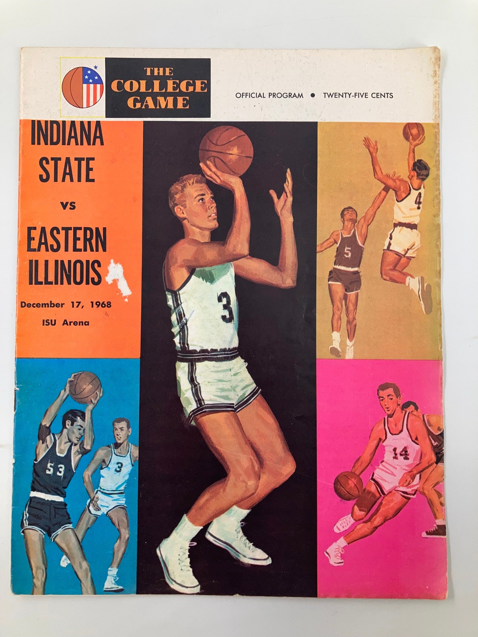 Official program for the December 17, 1968 college basketball game between Indiana State and Eastern Illinois, featuring illustrated athletes and game details.