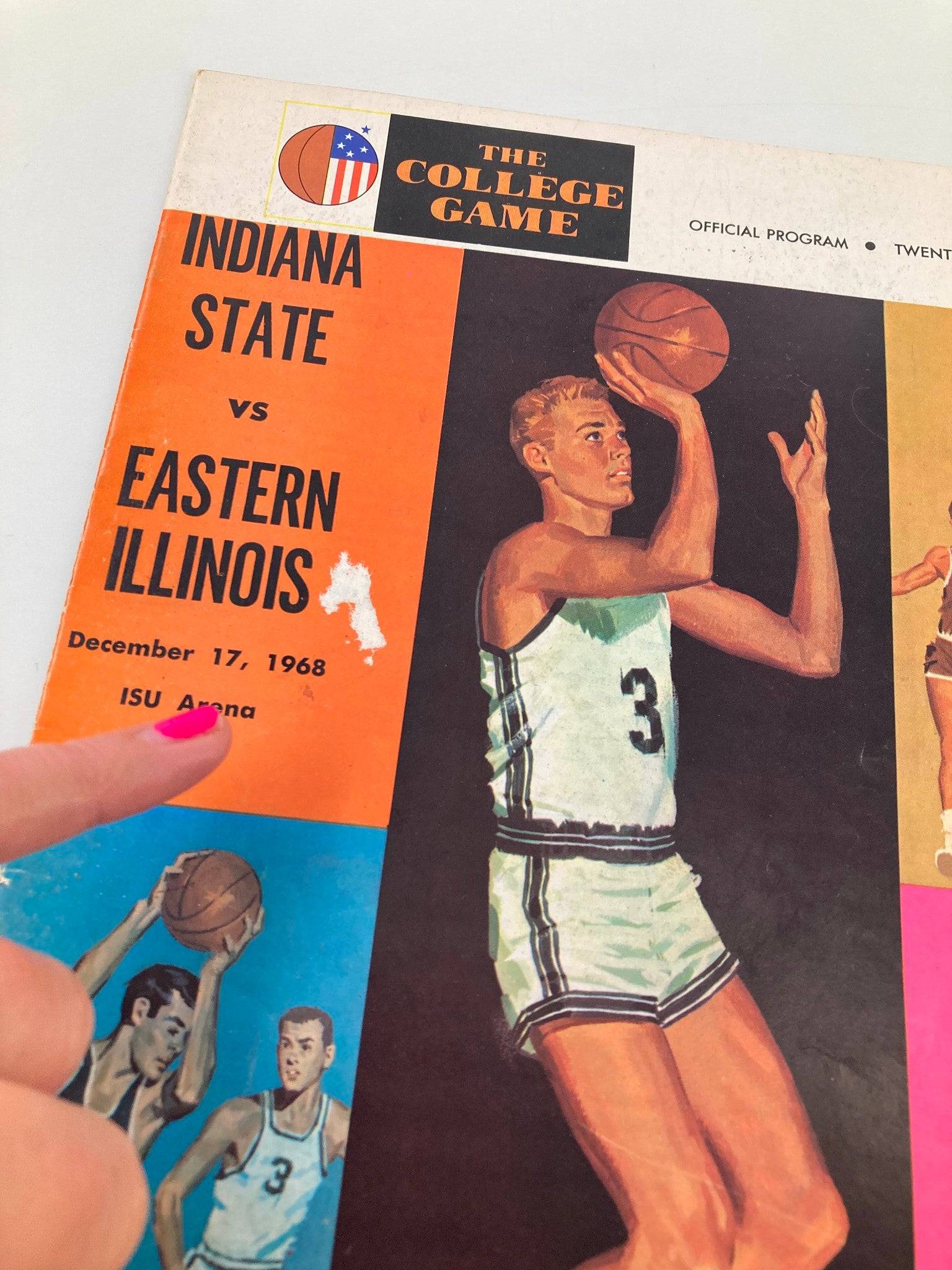 Close-up of the official program cover for the December 17, 1968 college basketball game between Indiana State and Eastern Illinois, highlighting the vibrant artwork and game title.