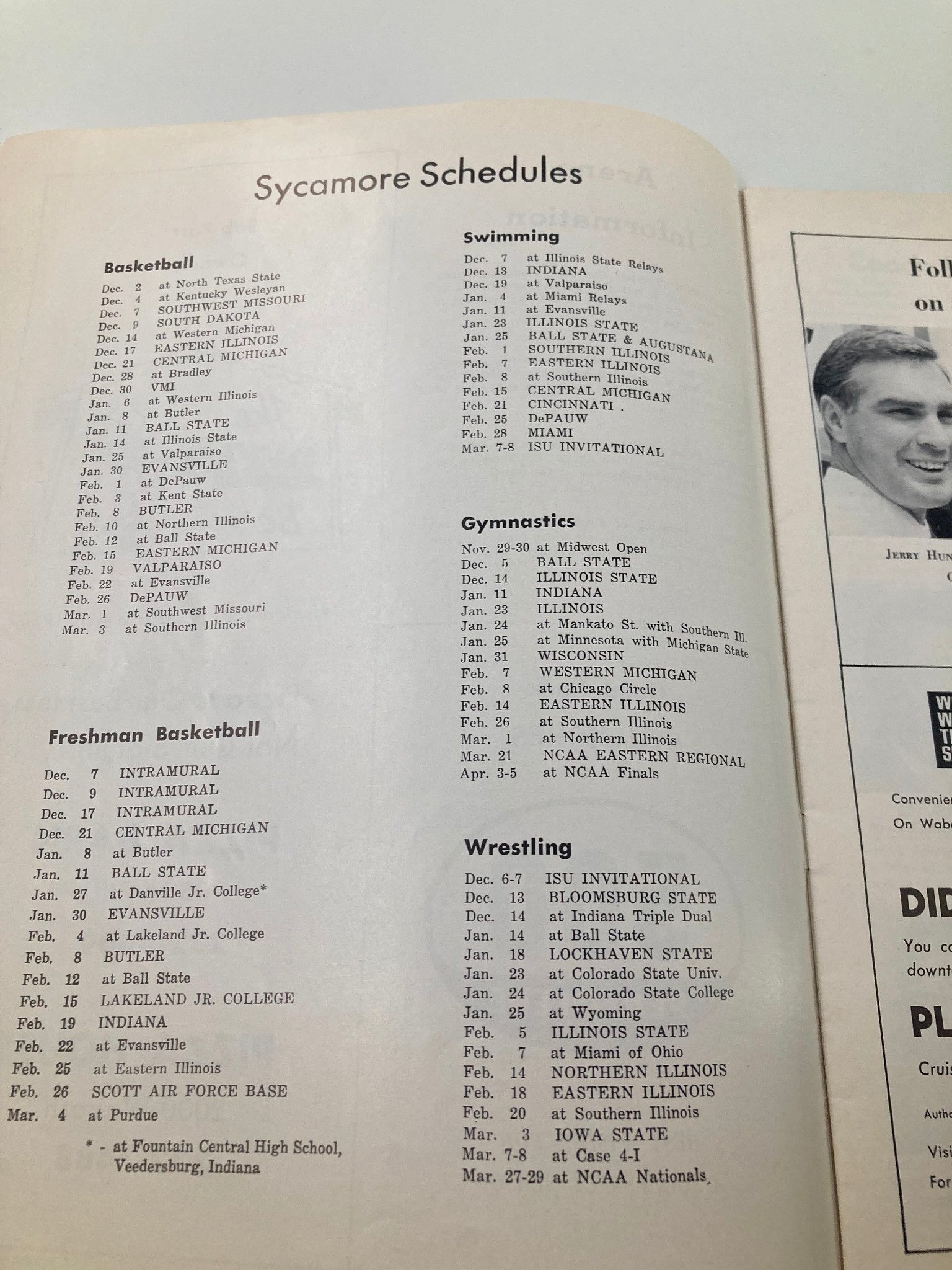 Page featuring the Sycamore schedules from the official program of the December 17, 1968 college game between Indiana State and Eastern Illinois, displaying various sports schedules.
