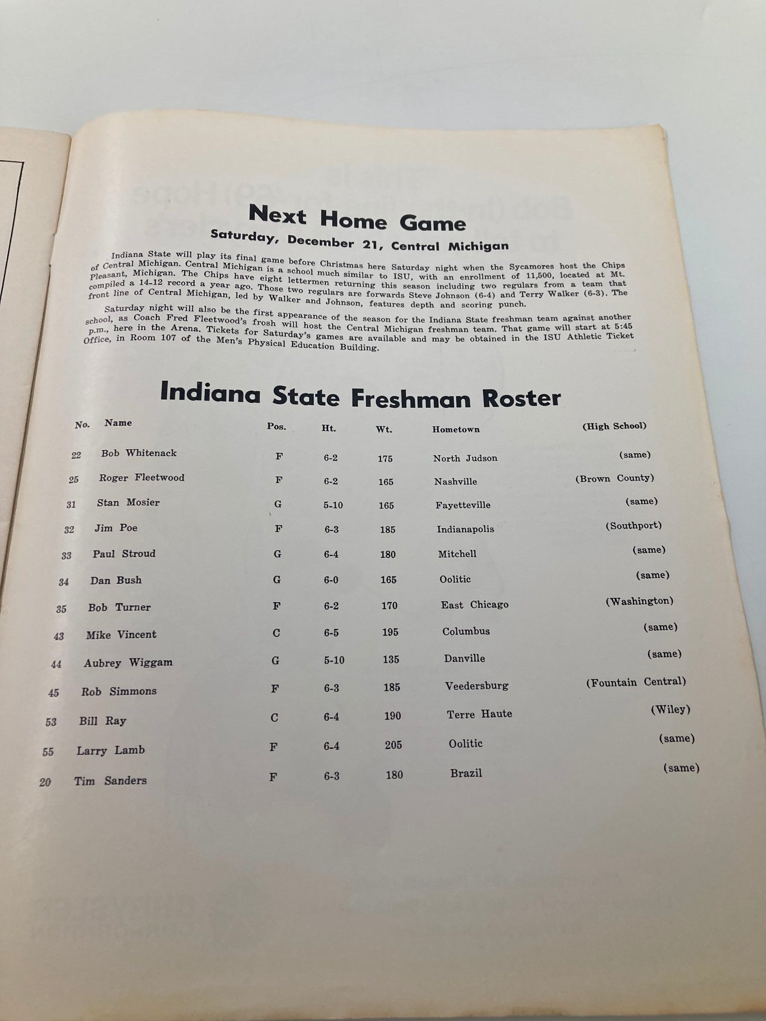 Official program for the December 17, 1968 college basketball game featuring Indiana State vs Eastern Illinois. Includes Indiana State Freshman Roster details.