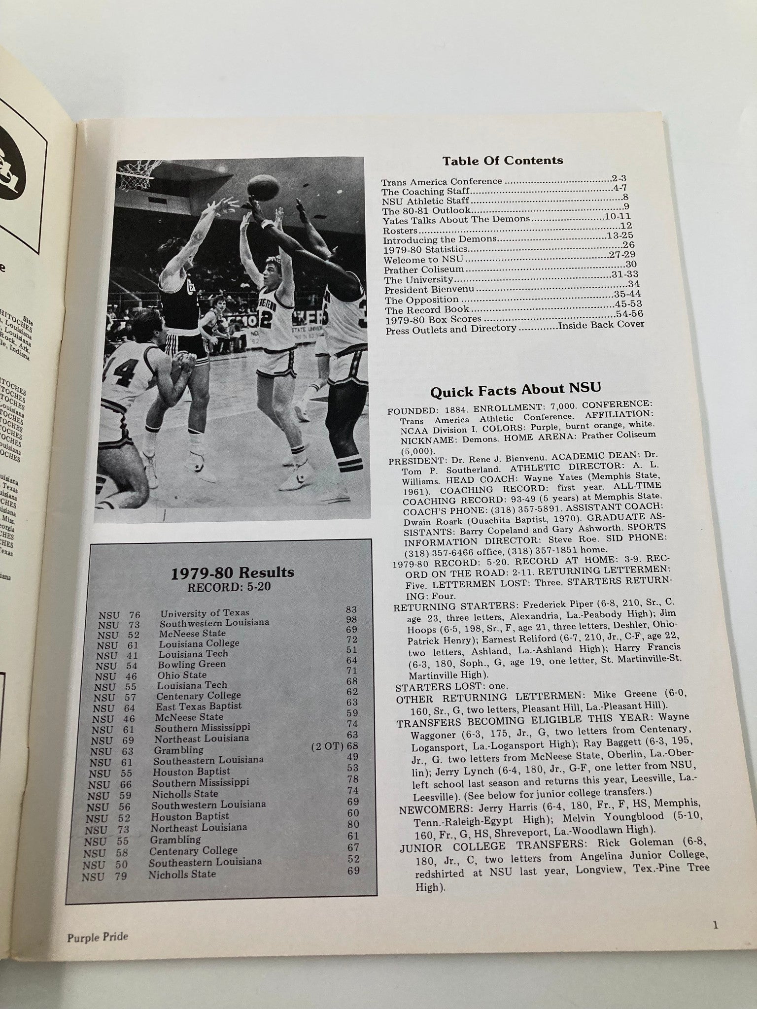 1980-1981 College Purple Pride Demon Basketball Northwest State University