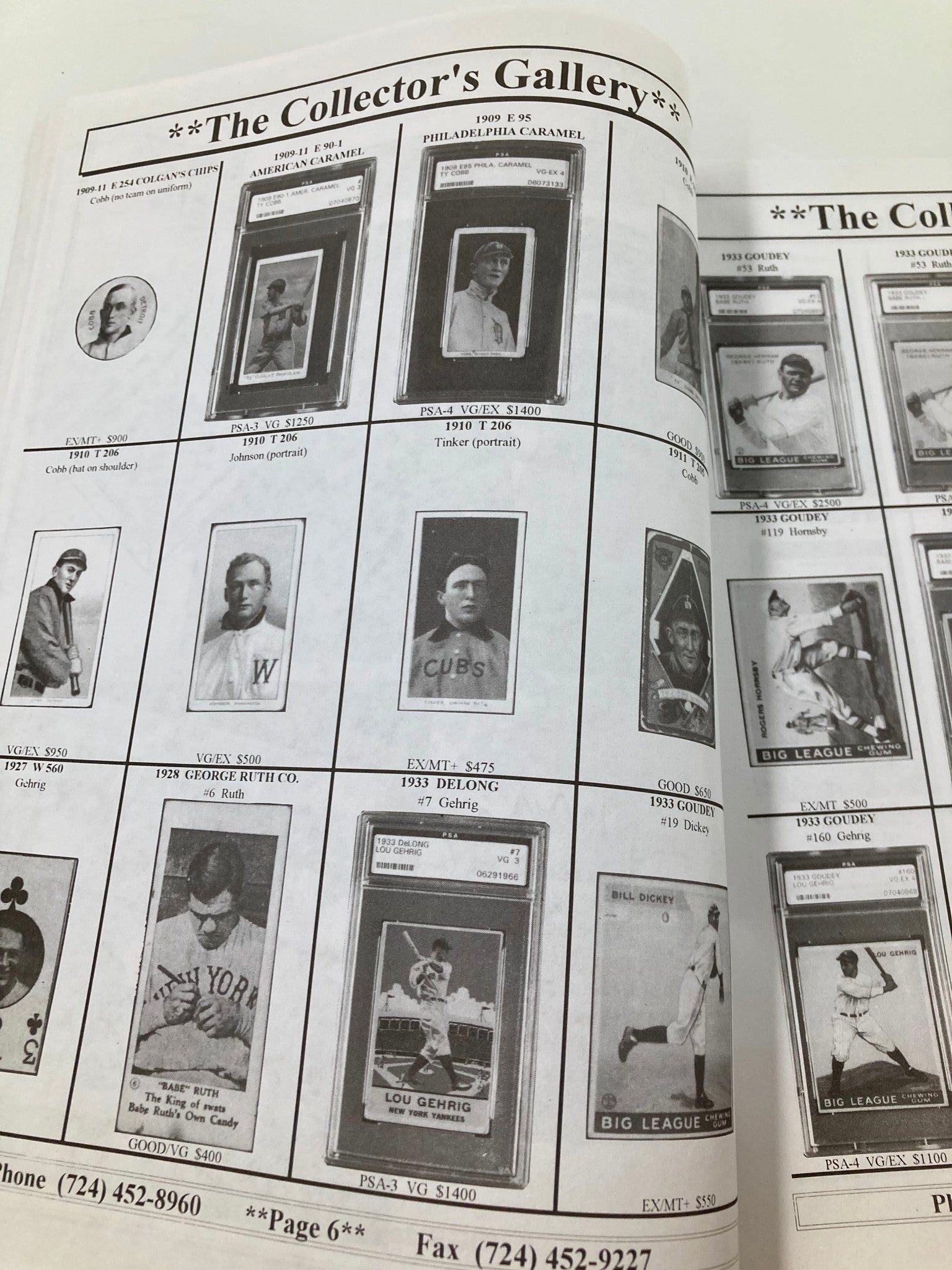 Collector's Gallery page from the 1935 MLB Shoebox Cards displaying high-value baseball cards including Lou Gehrig and Babe Ruth.