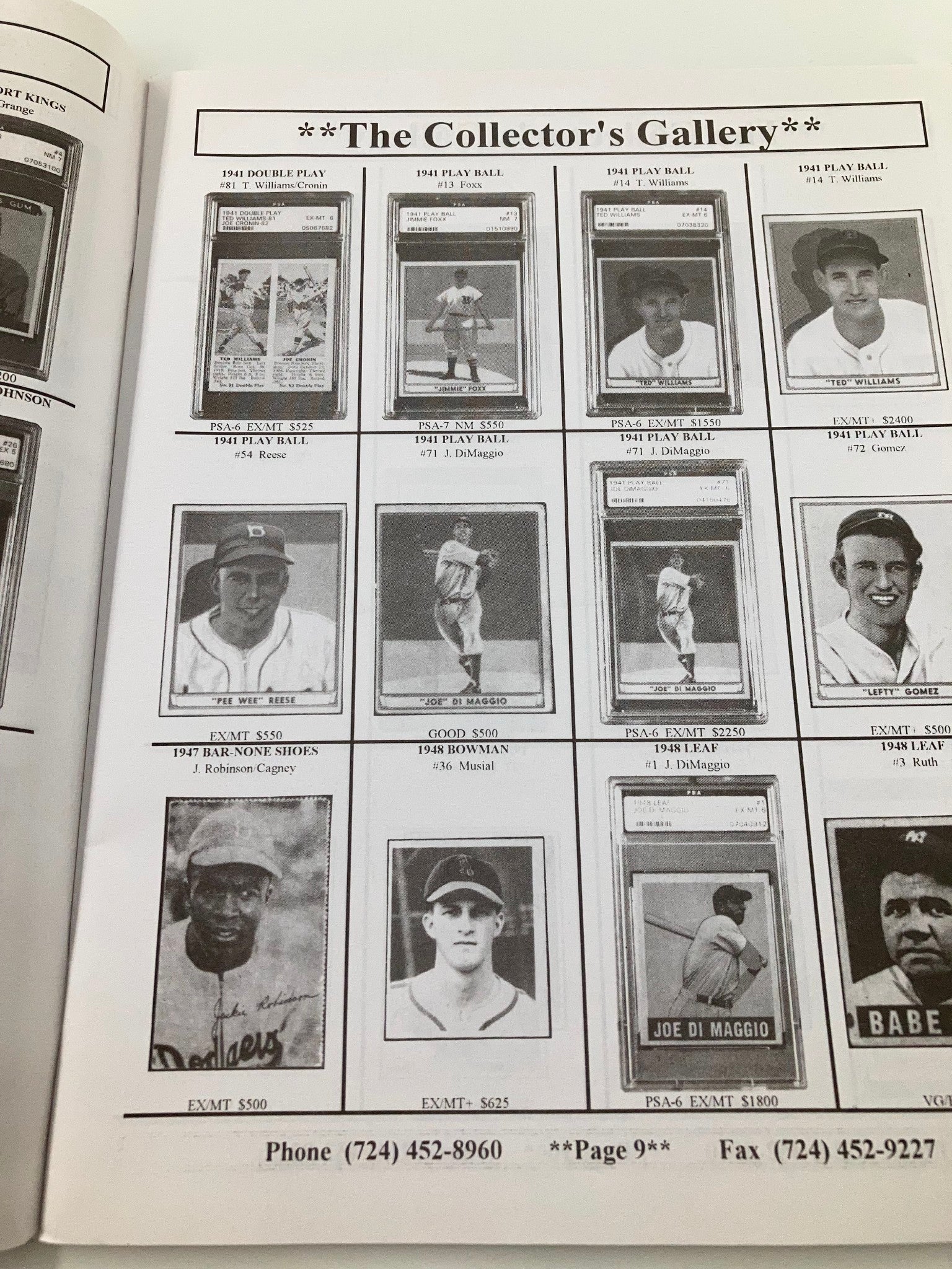 Various vintage baseball cards listed in The Collector's Gallery, including names like Ted Williams and Joe DiMaggio, part of the 1935 MLB Shoebox Cards featuring Mickey Mantle.